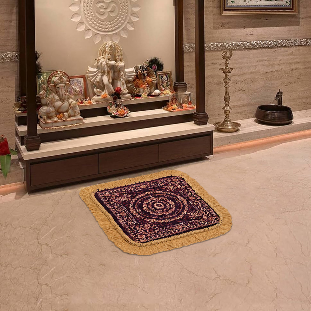 Image of Velvet Pooja Mat For Sitting On Floor | Comfortable Eating Aasan for Home | Decorative Sitting Mat for Meditation & Mandir | Floral - Golden & Purple