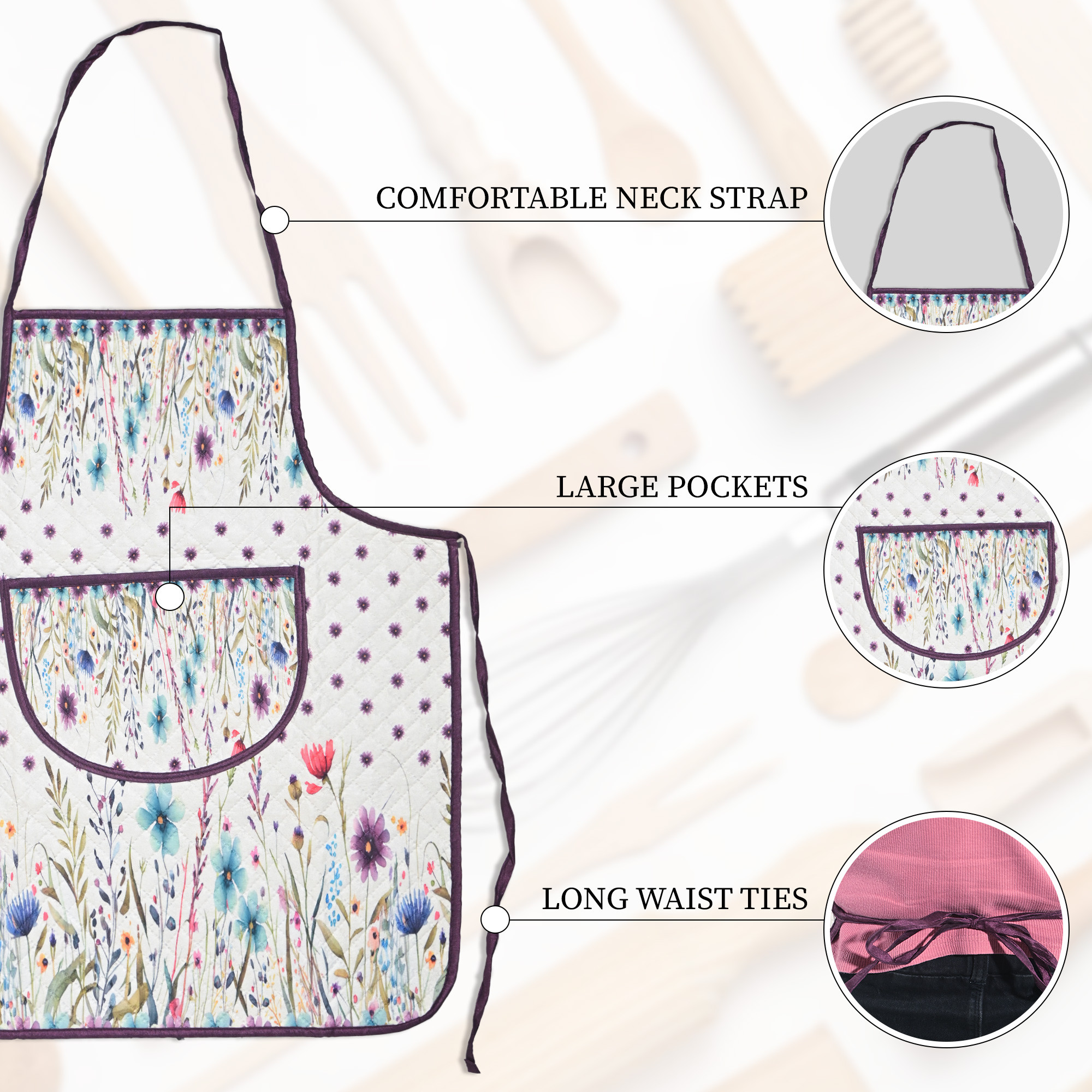 Kuber Industries Velvet Quilt Chef Apron for Kitchen with Big Front Pocket and Adjustable Waist Strap  Cooking Aprons for Women and Men  Baking  Cooking Dress  Flower - White  Purple