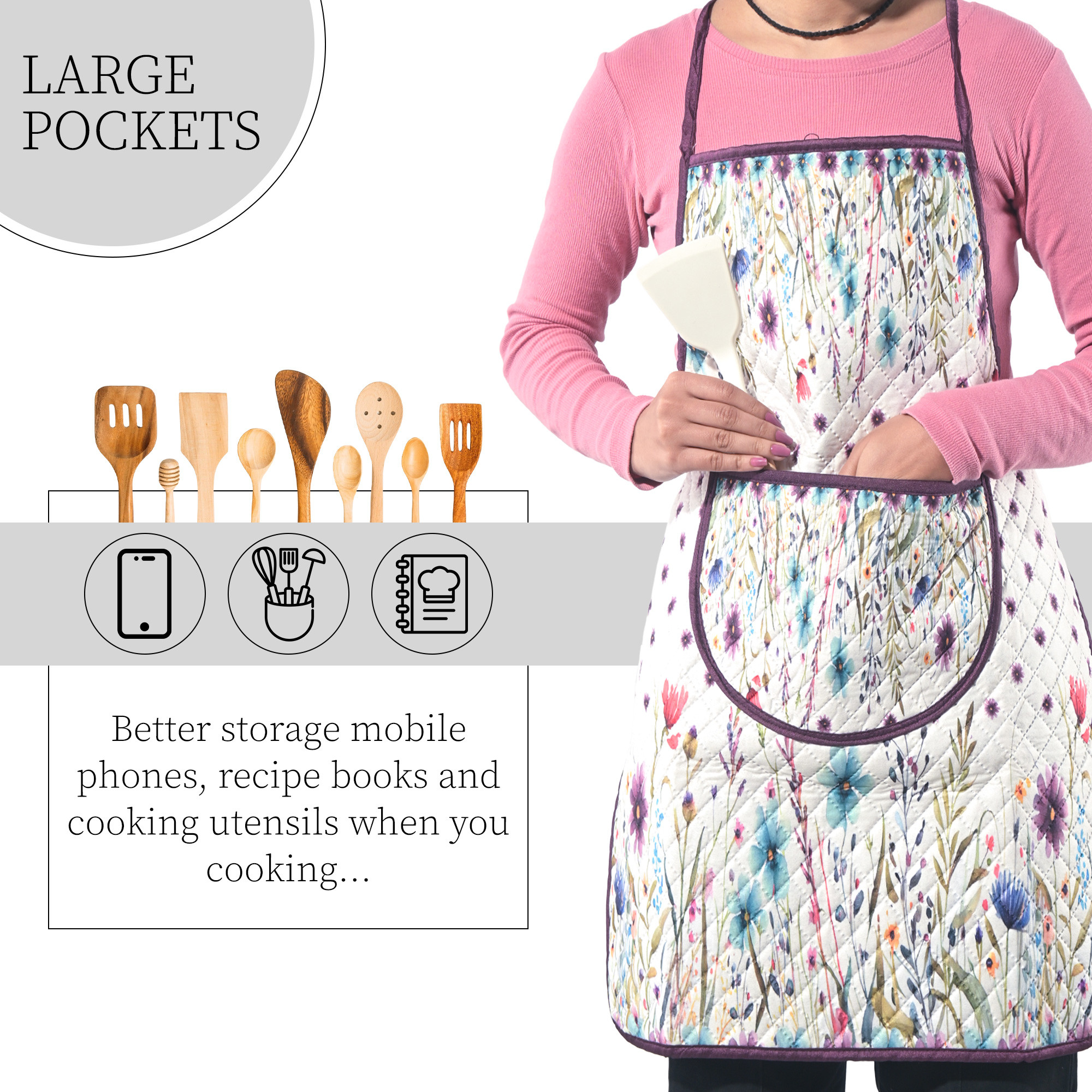 Kuber Industries Velvet Quilt Chef Apron for Kitchen with Big Front Pocket and Adjustable Waist Strap  Cooking Aprons for Women and Men  Baking  Cooking Dress  Flower - White  Purple