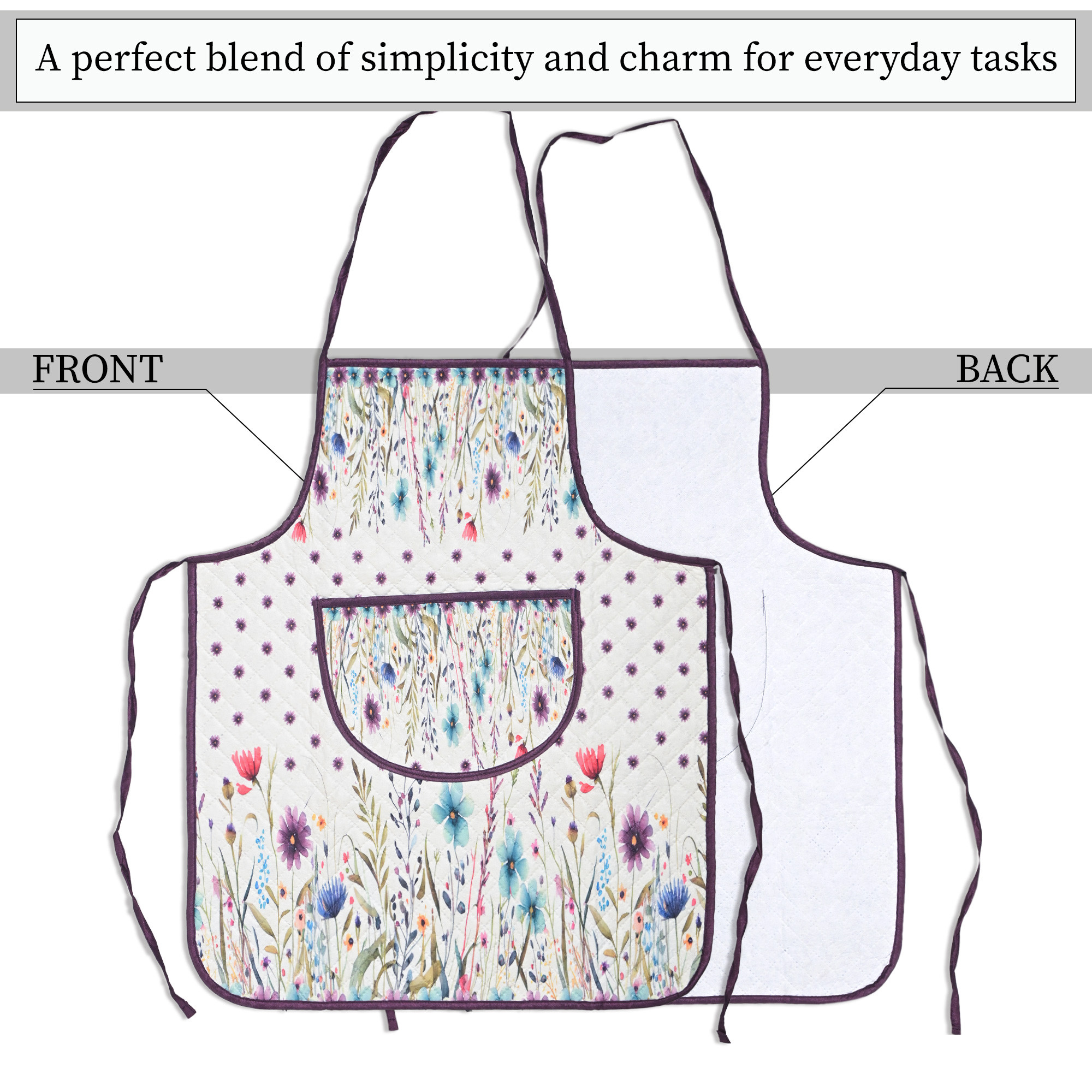 Kuber Industries Velvet Quilt Chef Apron for Kitchen with Big Front Pocket and Adjustable Waist Strap  Cooking Aprons for Women and Men  Baking  Cooking Dress  Flower - White  Purple