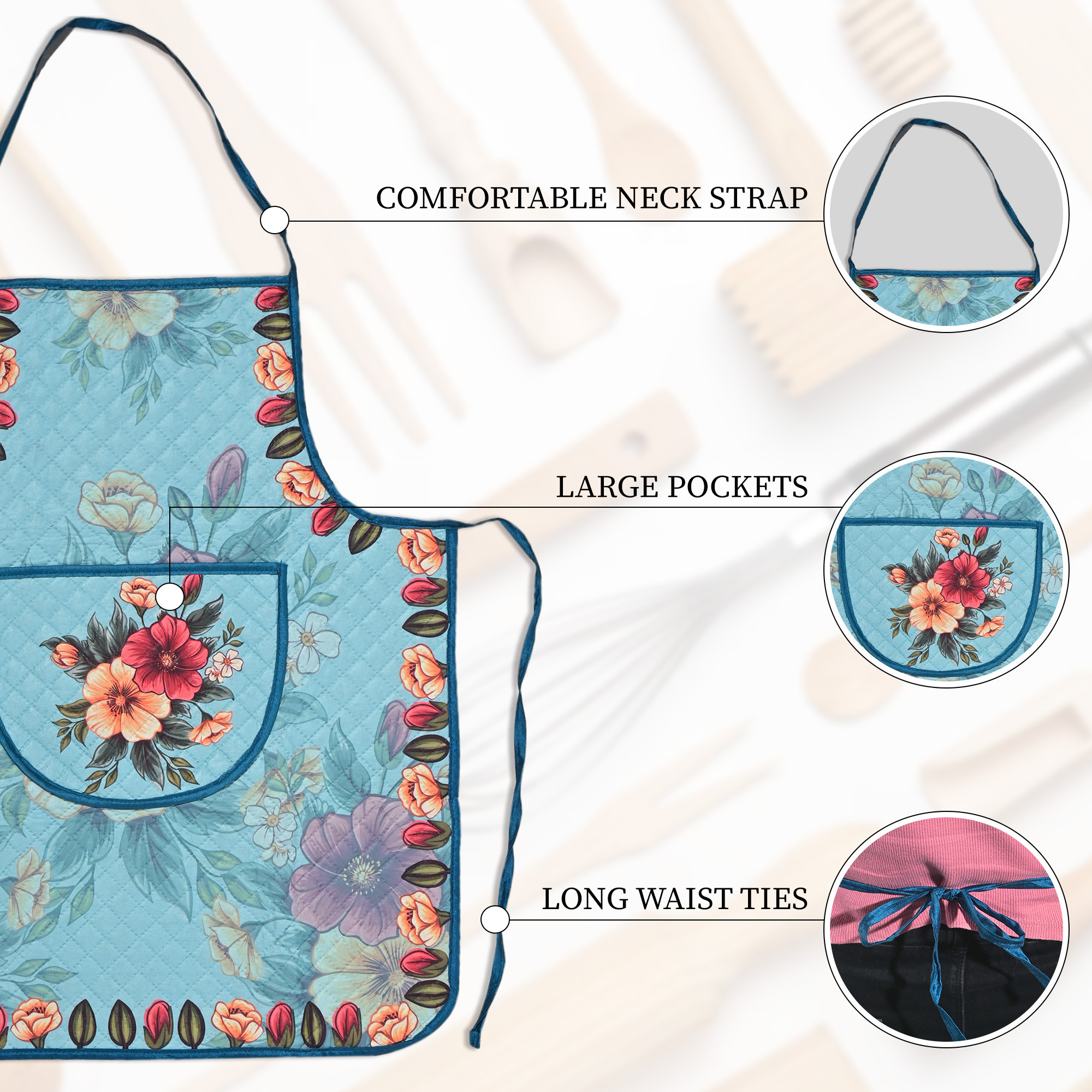 Kuber Industries Velvet Quilt Chef Apron for Kitchen with Big Front Pocket and Adjustable Waist Strap  Cooking Aprons for Women and Men  Baking  Cooking Dress  Flower - Green