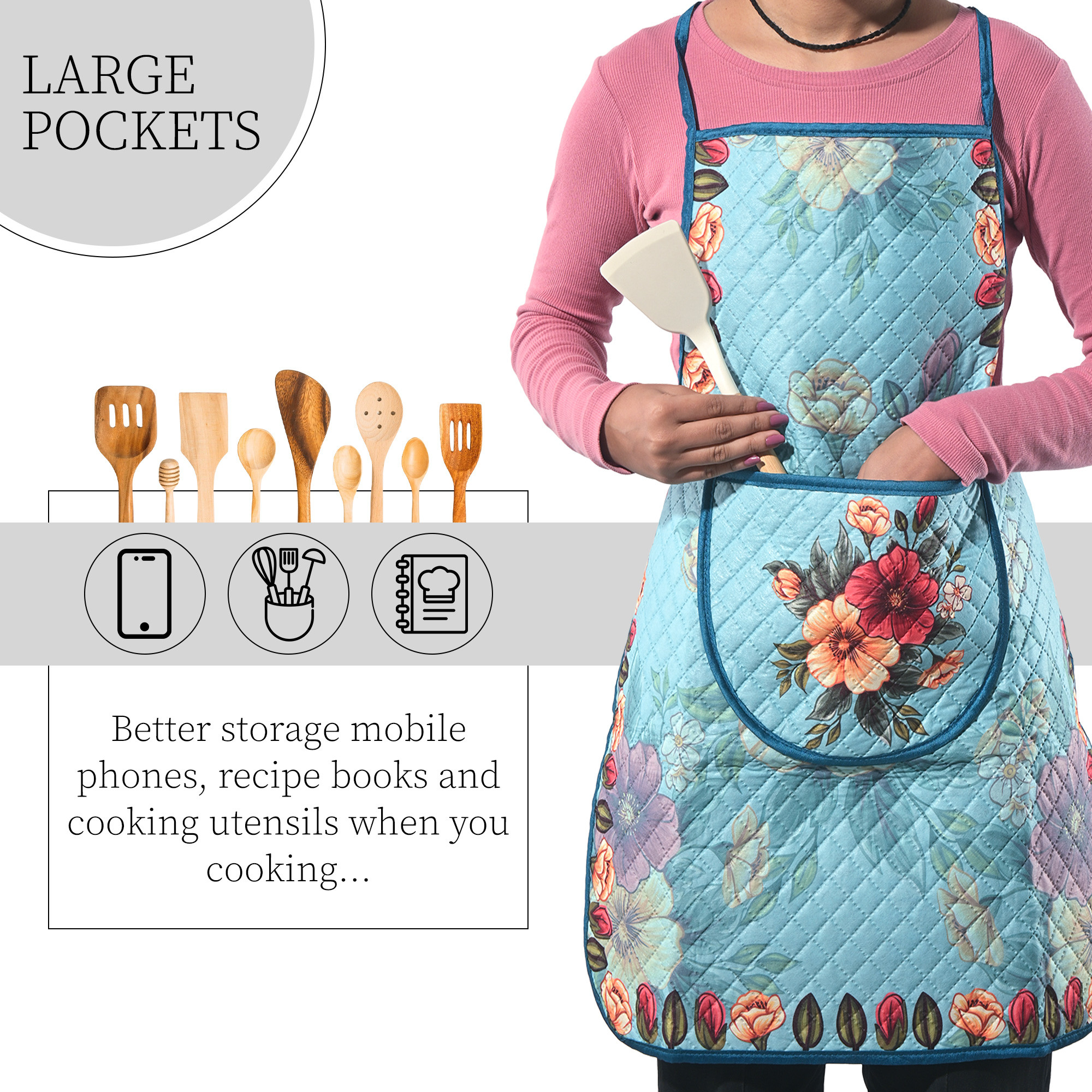 Kuber Industries Velvet Quilt Chef Apron for Kitchen with Big Front Pocket and Adjustable Waist Strap  Cooking Aprons for Women and Men  Baking  Cooking Dress  Flower - Green