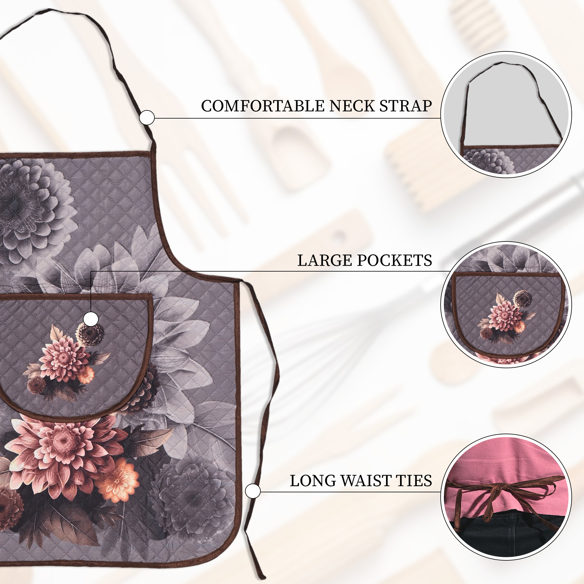 Kuber Industries Velvet Quilt Chef Apron for Kitchen with Big Front Pocket and Adjustable Waist Strap  Cooking Aprons for Women and Men  Baking  Cooking Dress  Gulab - Grey  Brown