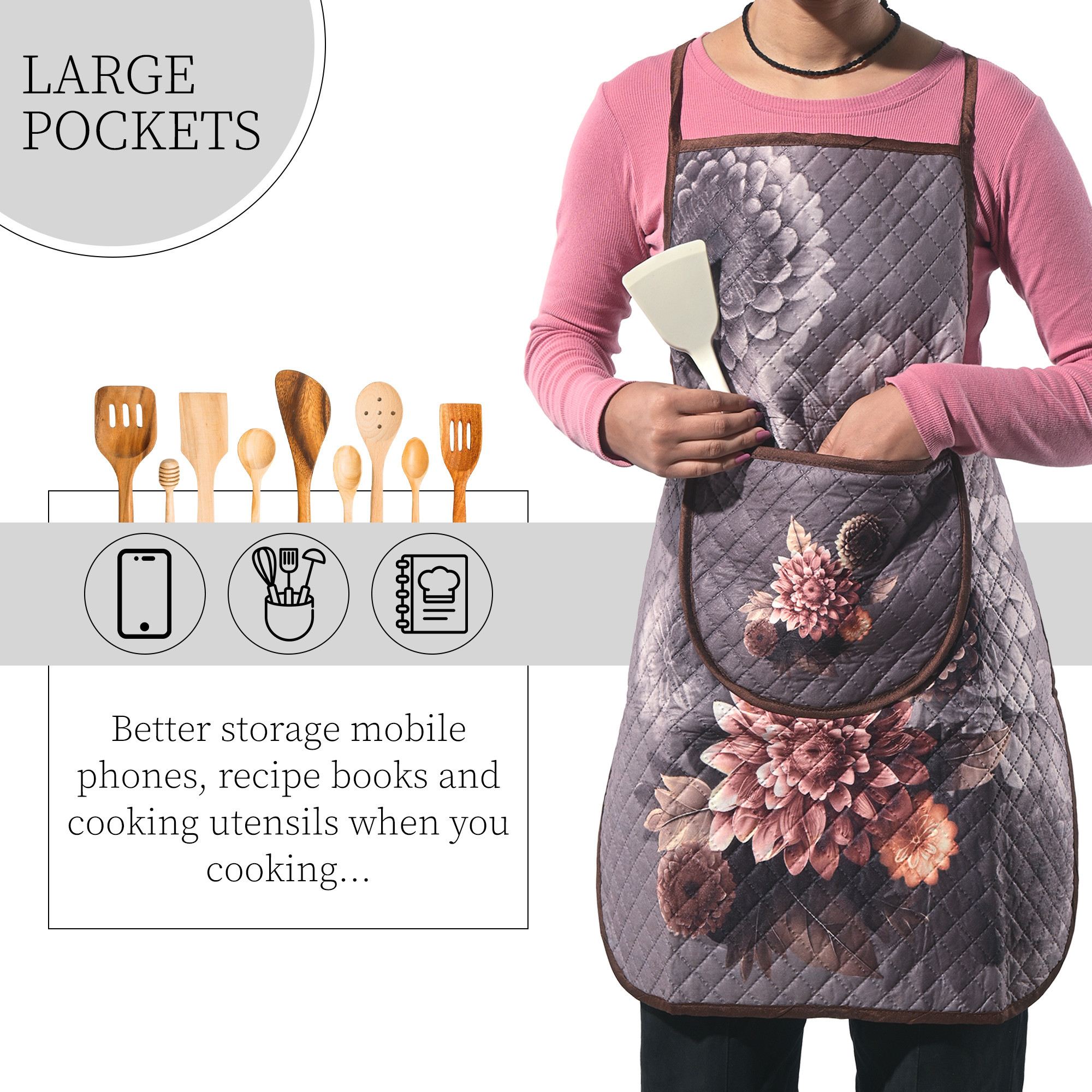 Kuber Industries Velvet Quilt Chef Apron for Kitchen with Big Front Pocket and Adjustable Waist Strap  Cooking Aprons for Women and Men  Baking  Cooking Dress  Gulab - Grey  Brown