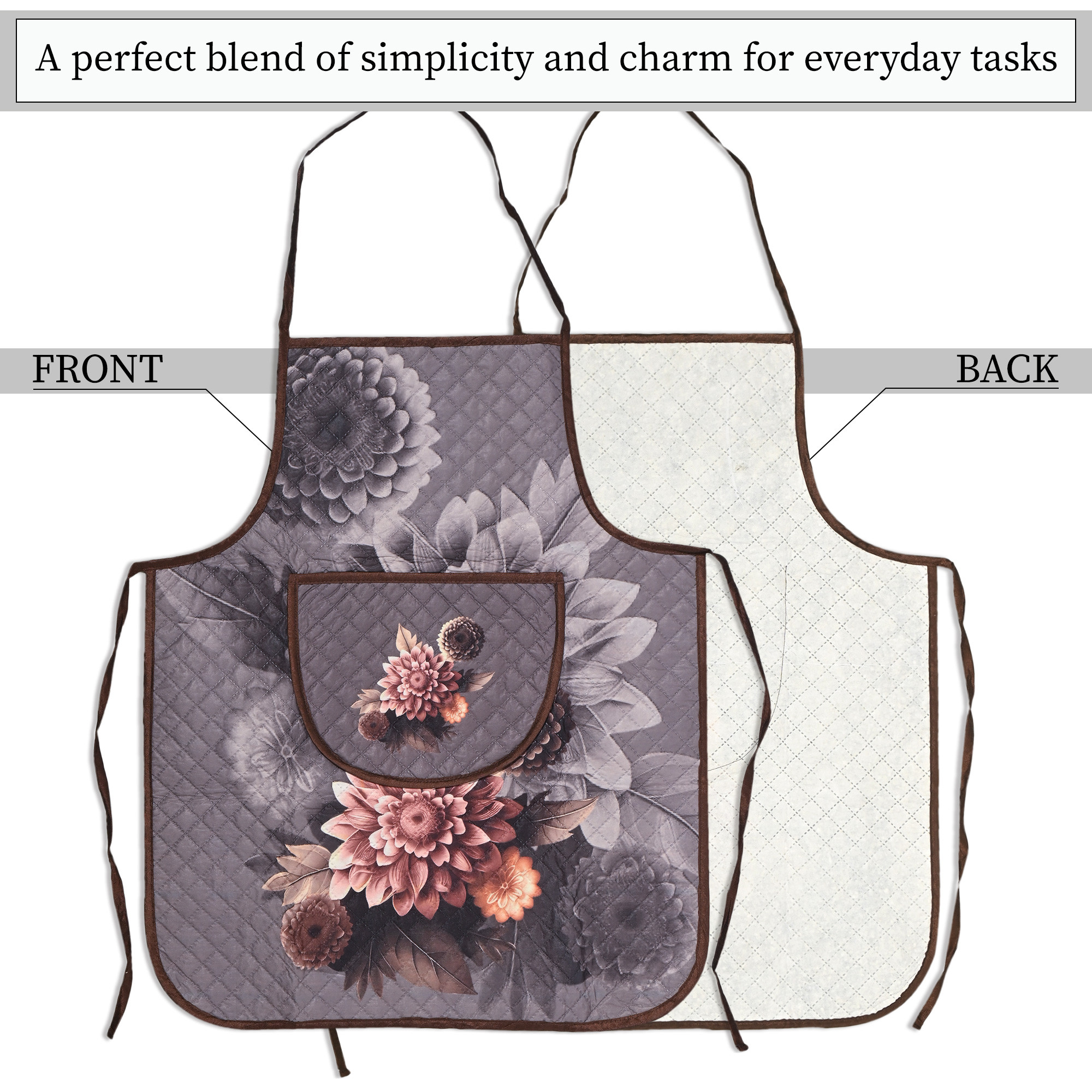 Kuber Industries Velvet Quilt Chef Apron for Kitchen with Big Front Pocket and Adjustable Waist Strap  Cooking Aprons for Women and Men  Baking  Cooking Dress  Gulab - Grey  Brown