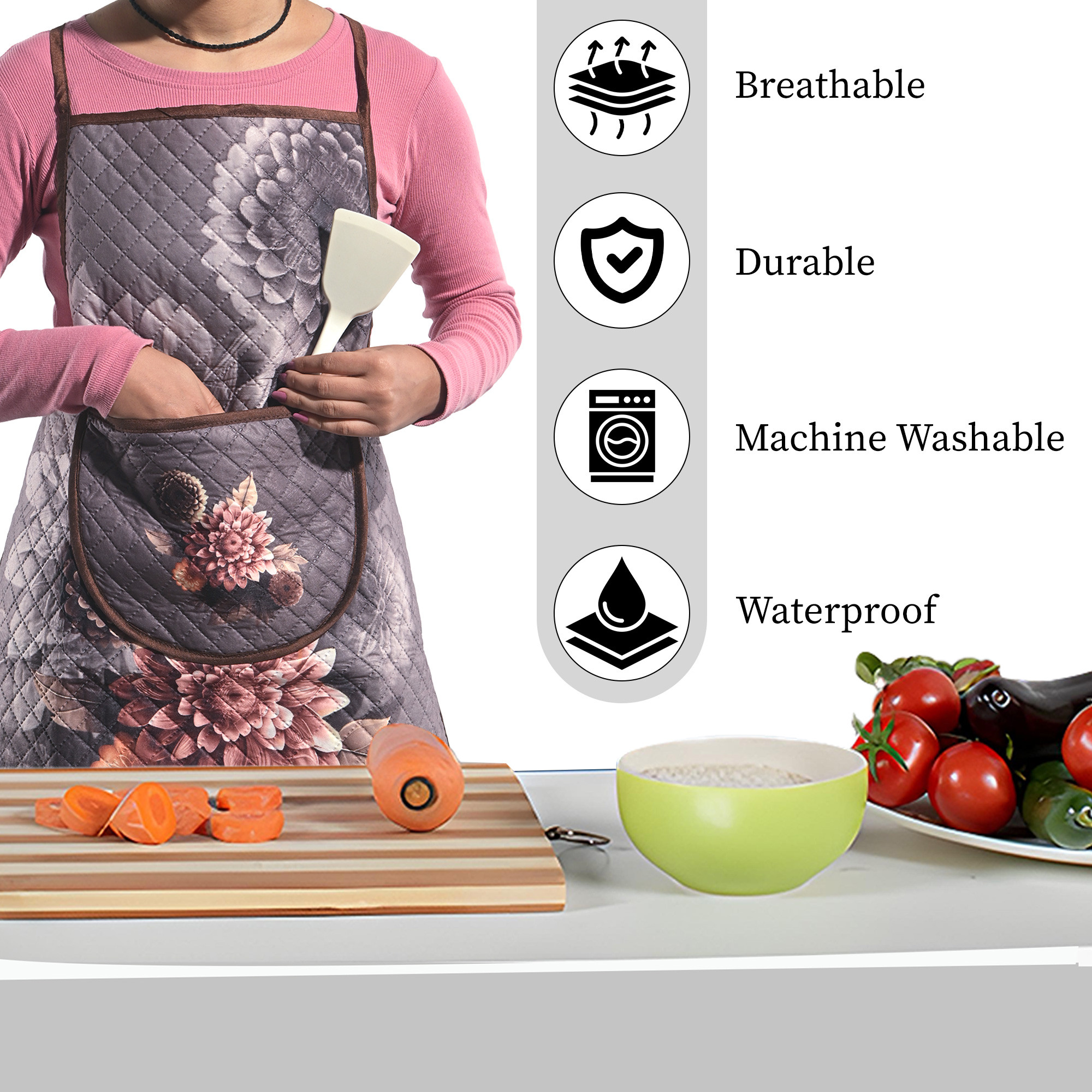 Kuber Industries Velvet Quilt Chef Apron for Kitchen with Big Front Pocket and Adjustable Waist Strap  Cooking Aprons for Women and Men  Baking  Cooking Dress  Gulab - Grey  Brown