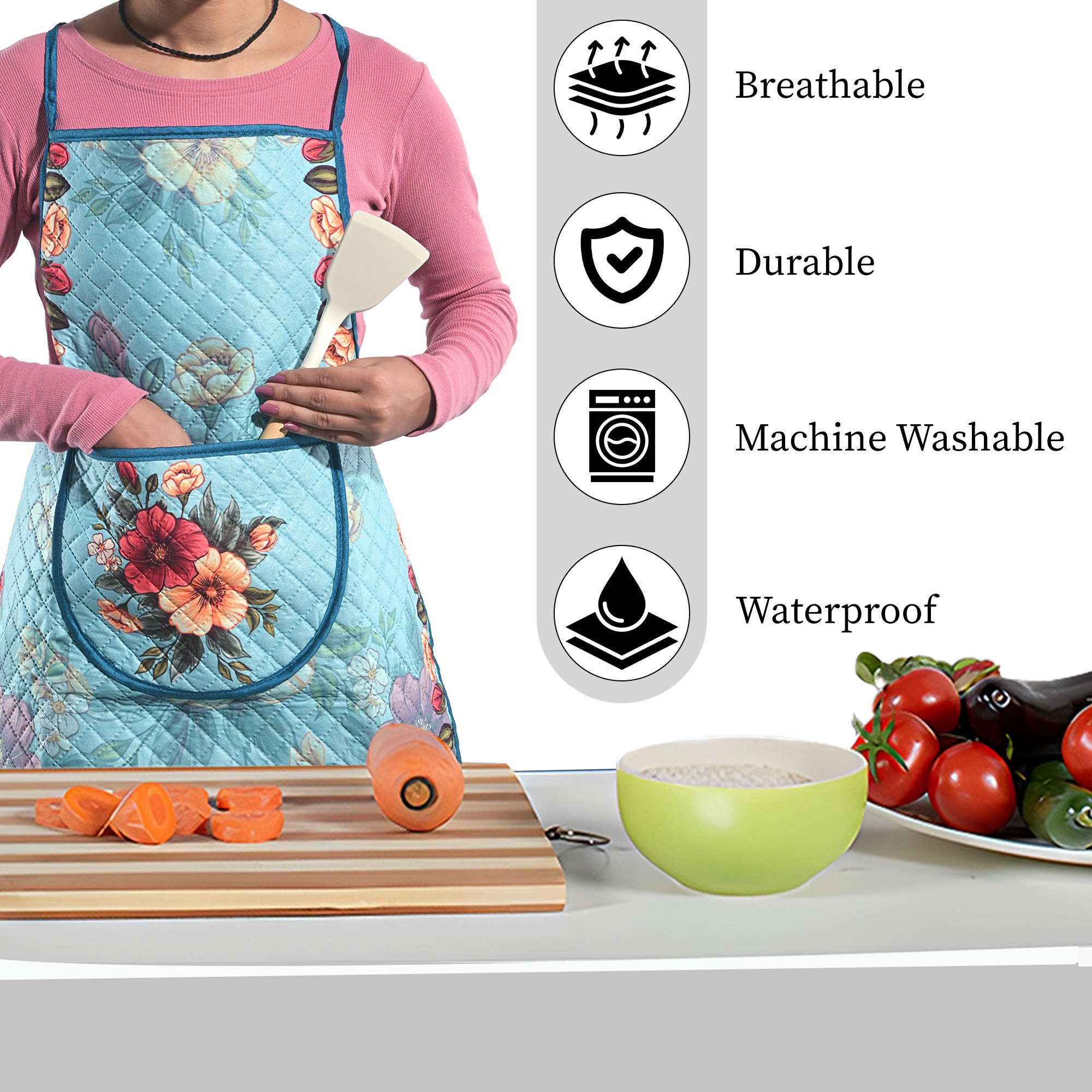 Kuber Industries Velvet Quilt Chef Apron for Kitchen with Big Front Pocket and Adjustable Waist Strap  Cooking Aprons for Women and Men  Baking  Cooking Dress  Flower - Green