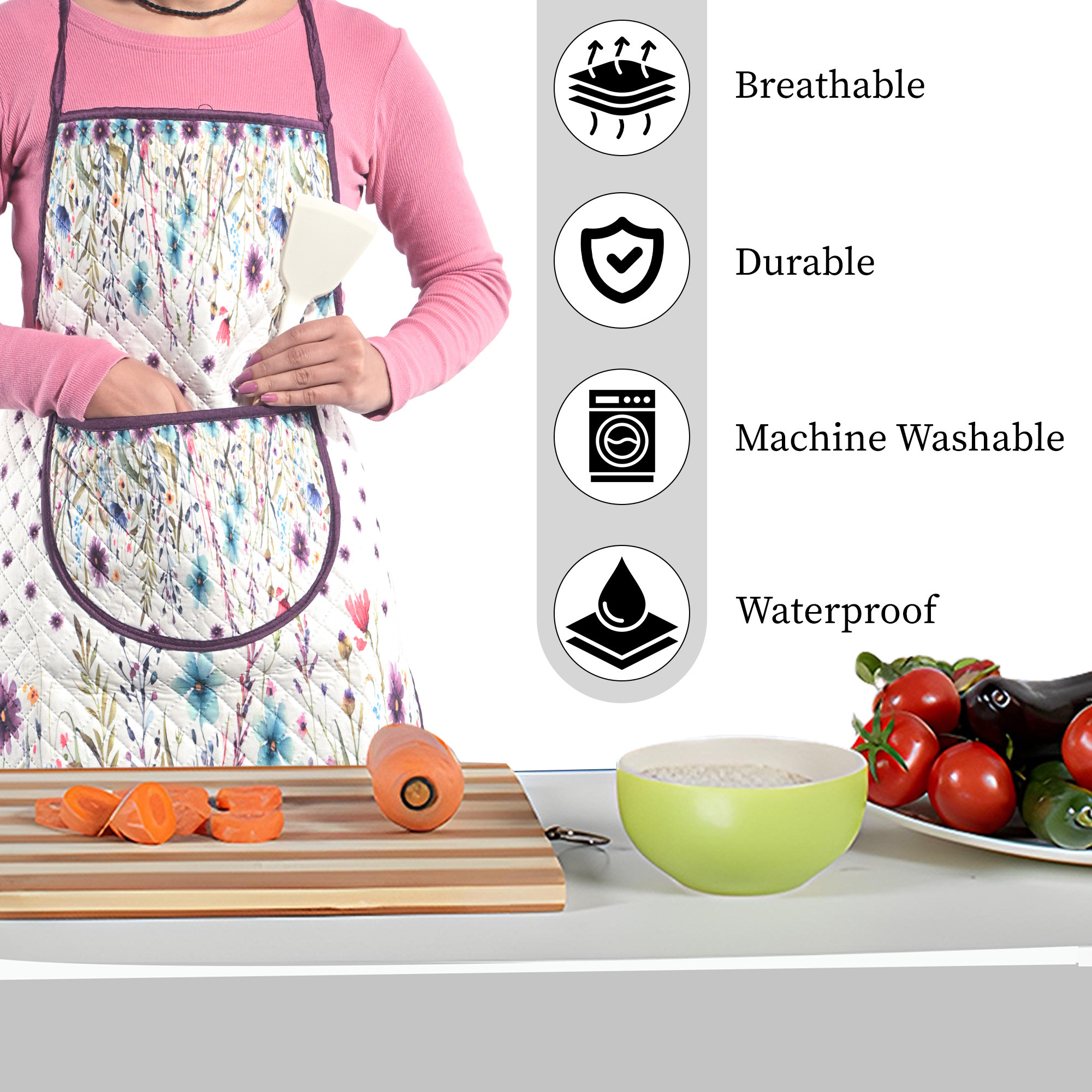 Kuber Industries Velvet Quilt Chef Apron for Kitchen with Big Front Pocket and Adjustable Waist Strap  Cooking Aprons for Women and Men  Baking  Cooking Dress  Flower - White  Purple