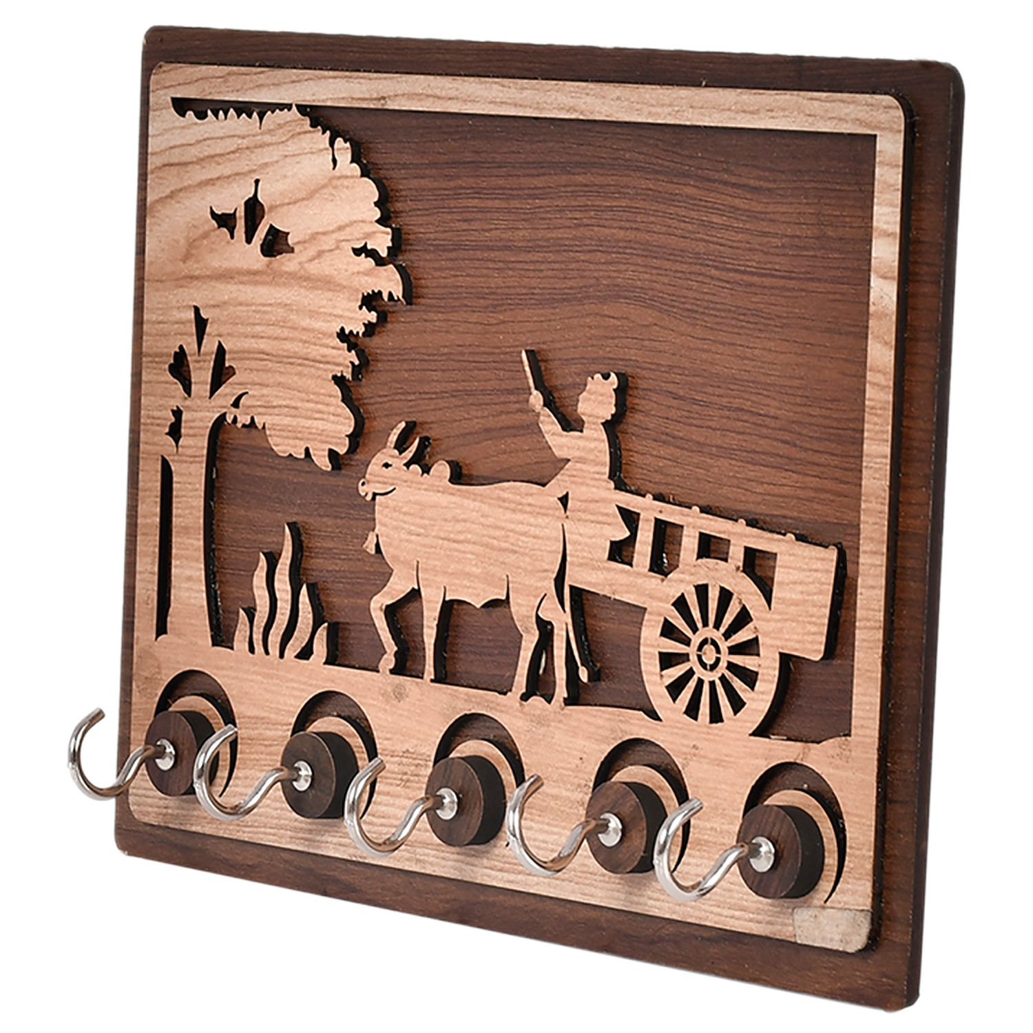 Kuber Industries Village Bull Cart Design Wooden Wall Key Holder With 5 Hooks (Brown)-45KM055