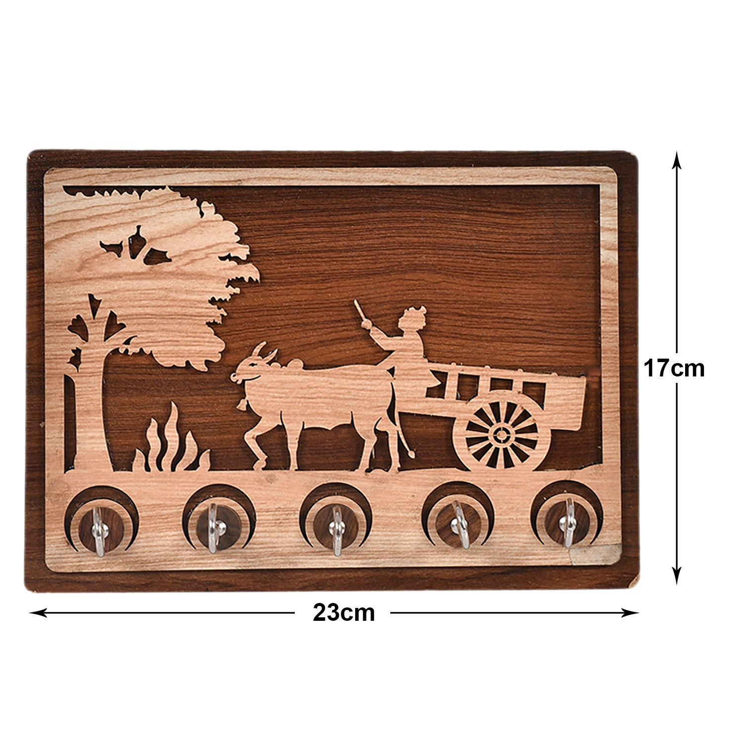 Kuber Industries Village Bull Cart Design Wooden Wall Key Holder With 5 Hooks (Brown)-45KM055
