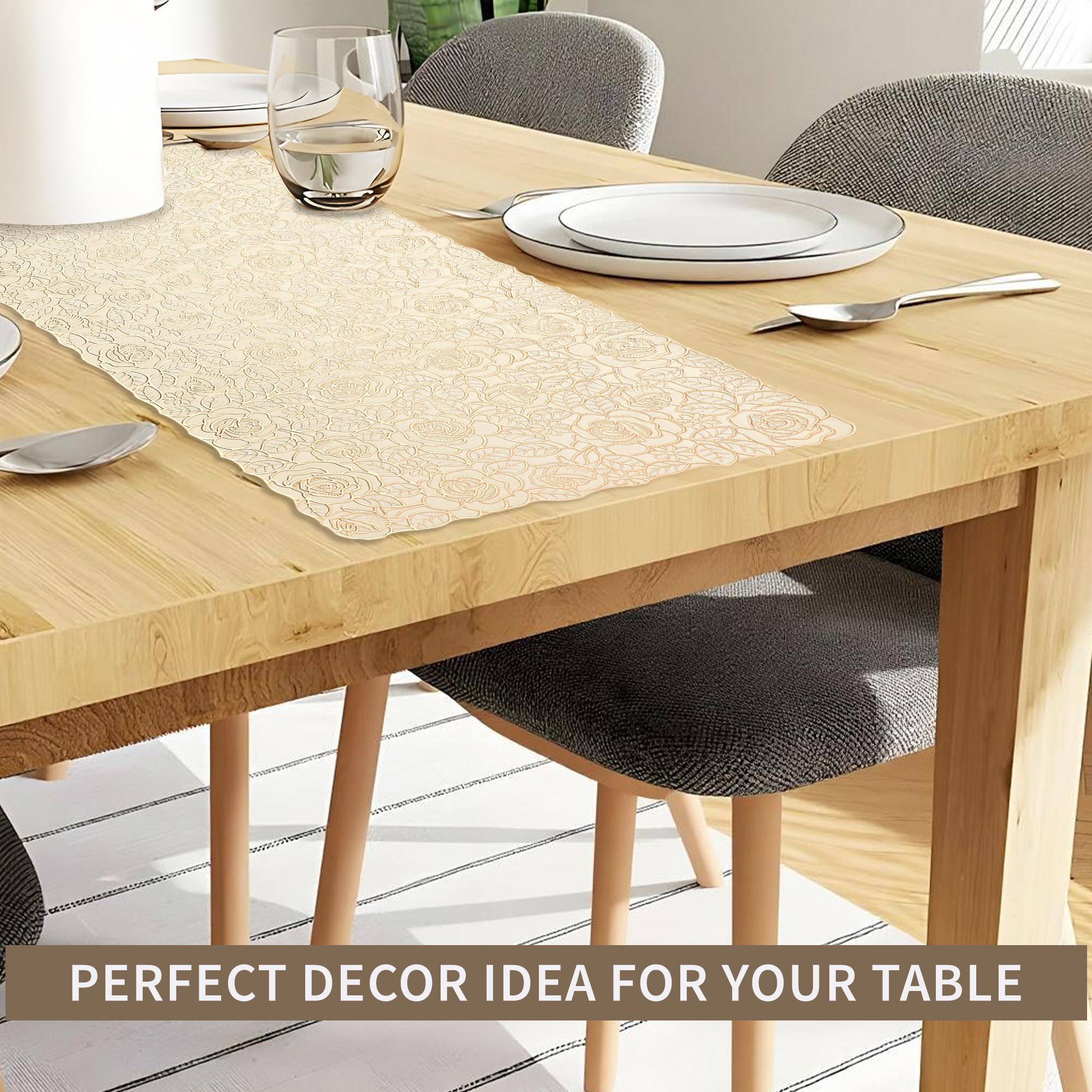 Kuber Industries Vinyl Fabric 16x36 Inch Dining Table Runner 4 Seater  Waterproof Center Table Runner for Living Room Home Decor and Office Use  Golden Rose