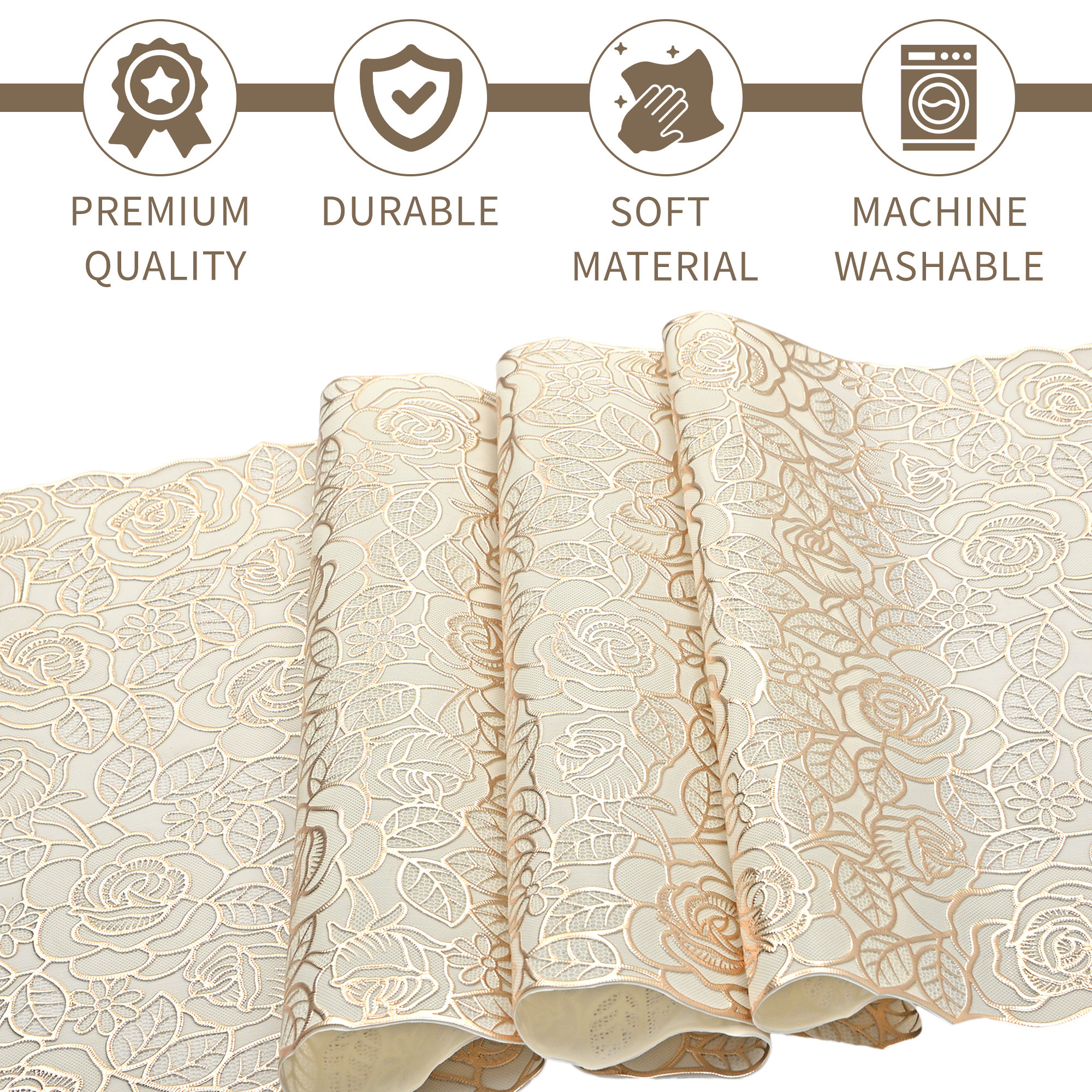 Kuber Industries Vinyl Fabric 16x36 Inch Dining Table Runner 4 Seater  Waterproof Center Table Runner for Living Room Home Decor and Office Use  Golden Rose