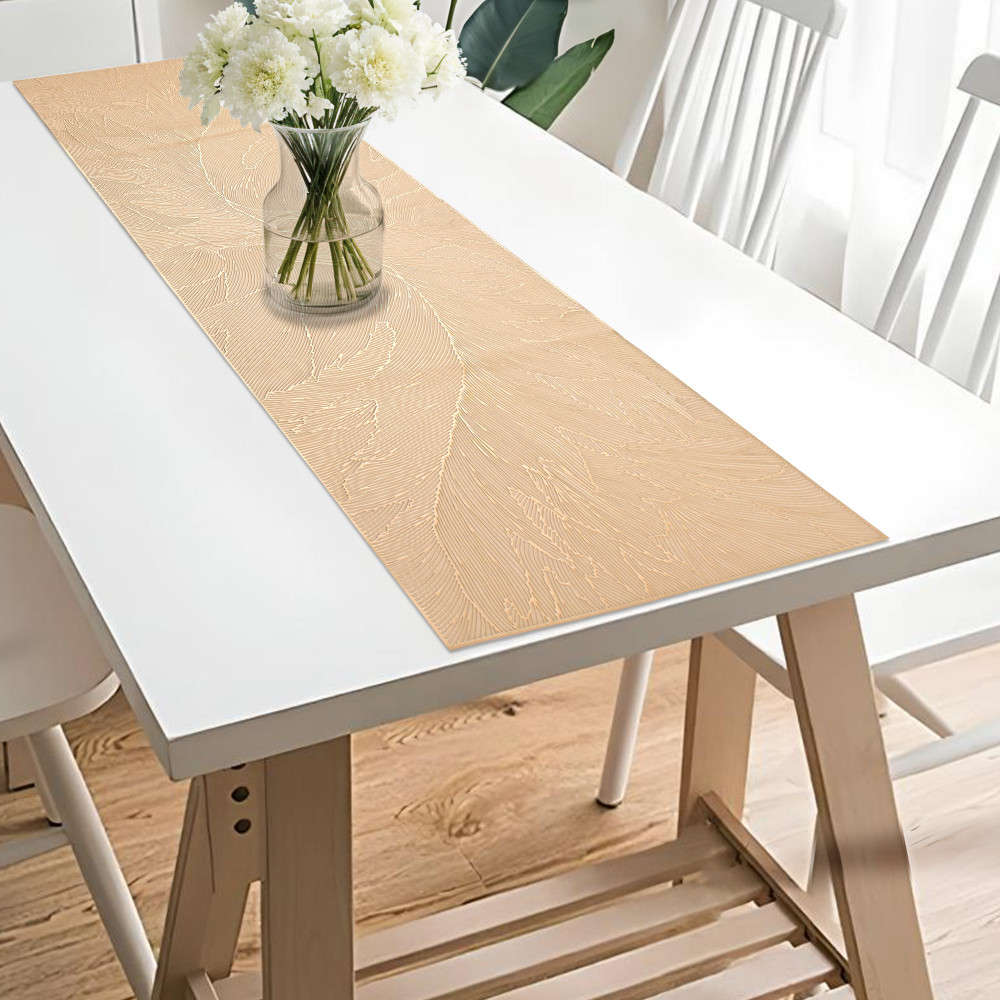 Image of Kuber Industries Vinyl Fabric 16x36 Inch Dining Table Runner 4 Seater | Waterproof Center Table Runner for Living Room, Home Decor and Office Use | Golden Feather