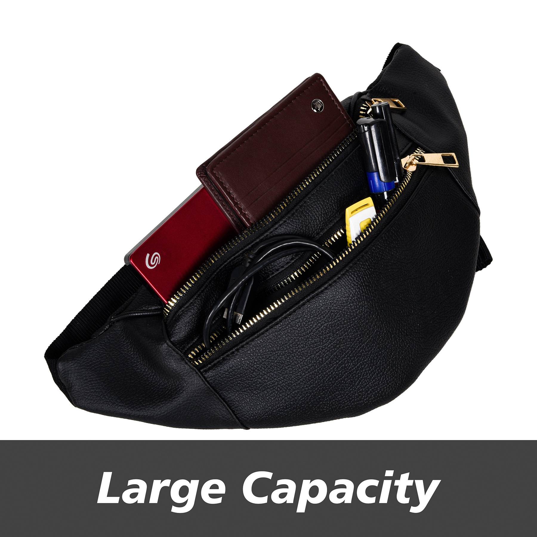 Kuber Industries Waist Bag | Waist Bag Pouch for Men | Waist Bag Pouch for Women | Waist Bag for Boys | Waist Bags for Girls | Rexine Belt Fanny Pack | Chest Bag | Black