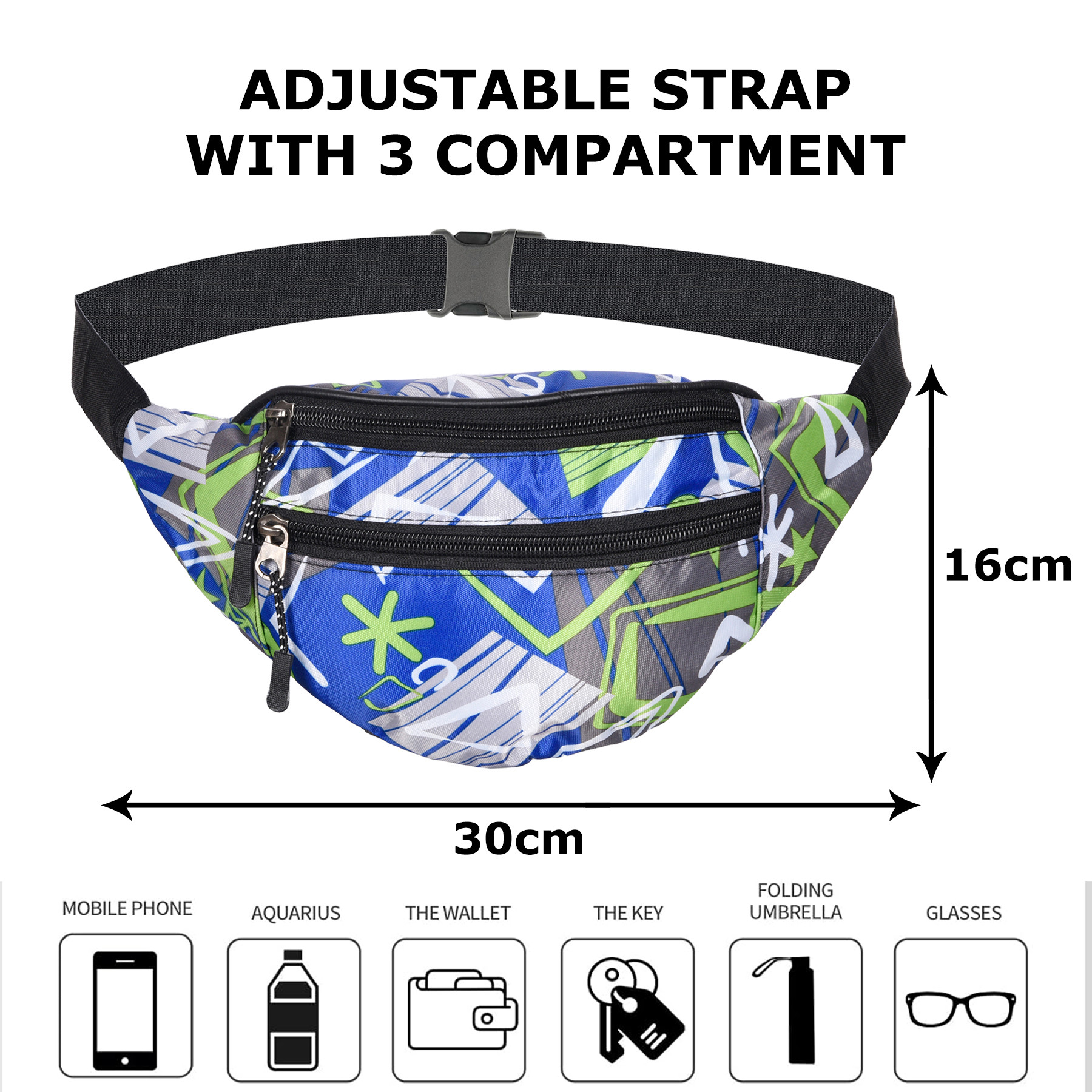 Kuber Industries Waist Bag | Waist Bag Pouch for Men | Waist Bag Pouch for Women | Waist Bag for Boys | Waist Bags for Girls | Polyester Belt Fanny Pack | Printed Chest Bag | Blue