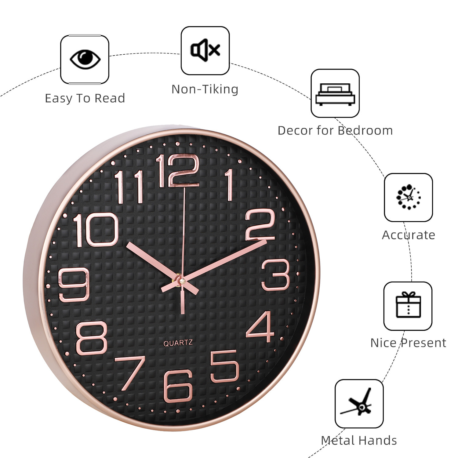 Kuber Industries Wall Clock | Fancy Watch Wall Clocks | Office Wall Clock | Clock for Living Room | Clock for Bedroom | Clock for Hall | Machinery-Quartz | 12 Inch | L-Black Rose Gold