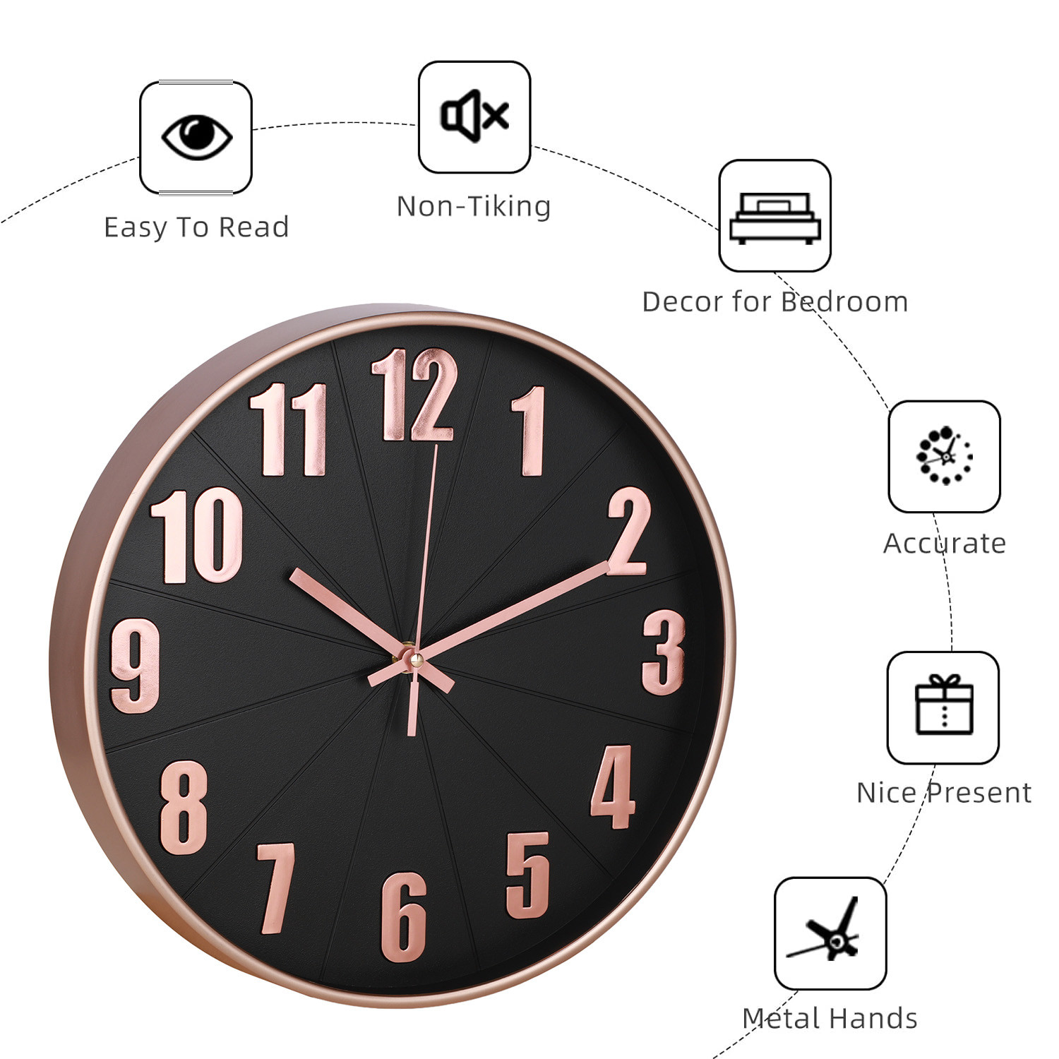 Kuber Industries Wall Clock | Fancy Watch Wall Clocks | Office Wall Clock | Clock for Living Room | Clock for Bedroom | Clock for Hall | Machinery-Quartz | 12 Inch | H-Black Rose Gold