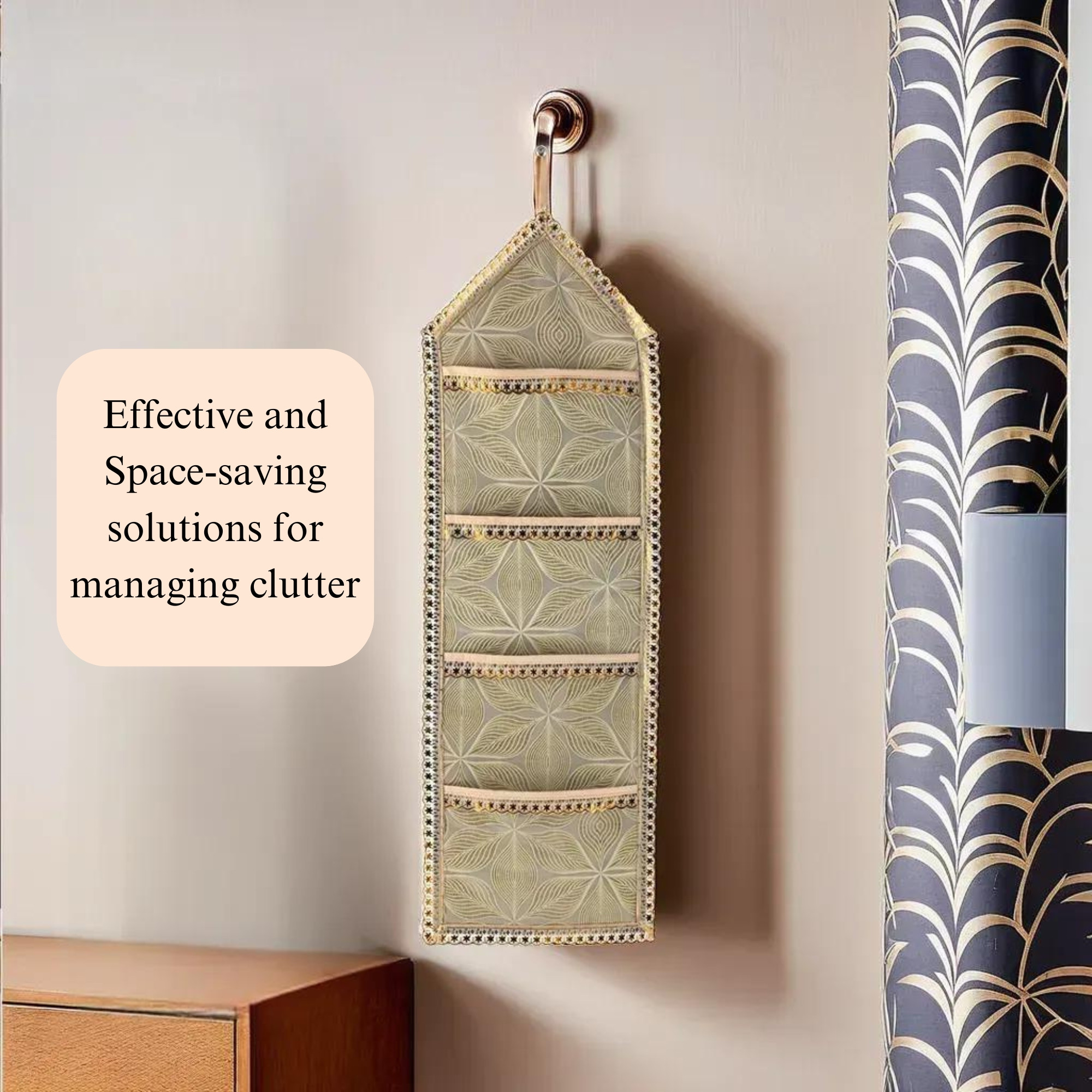 Kuber Industries Wall Hanging Closet Organizer for Wardrobe with 3 Pockets  Zip  Letter Holder Socks  Tie Storage Pouches  Leaf Design -Golden