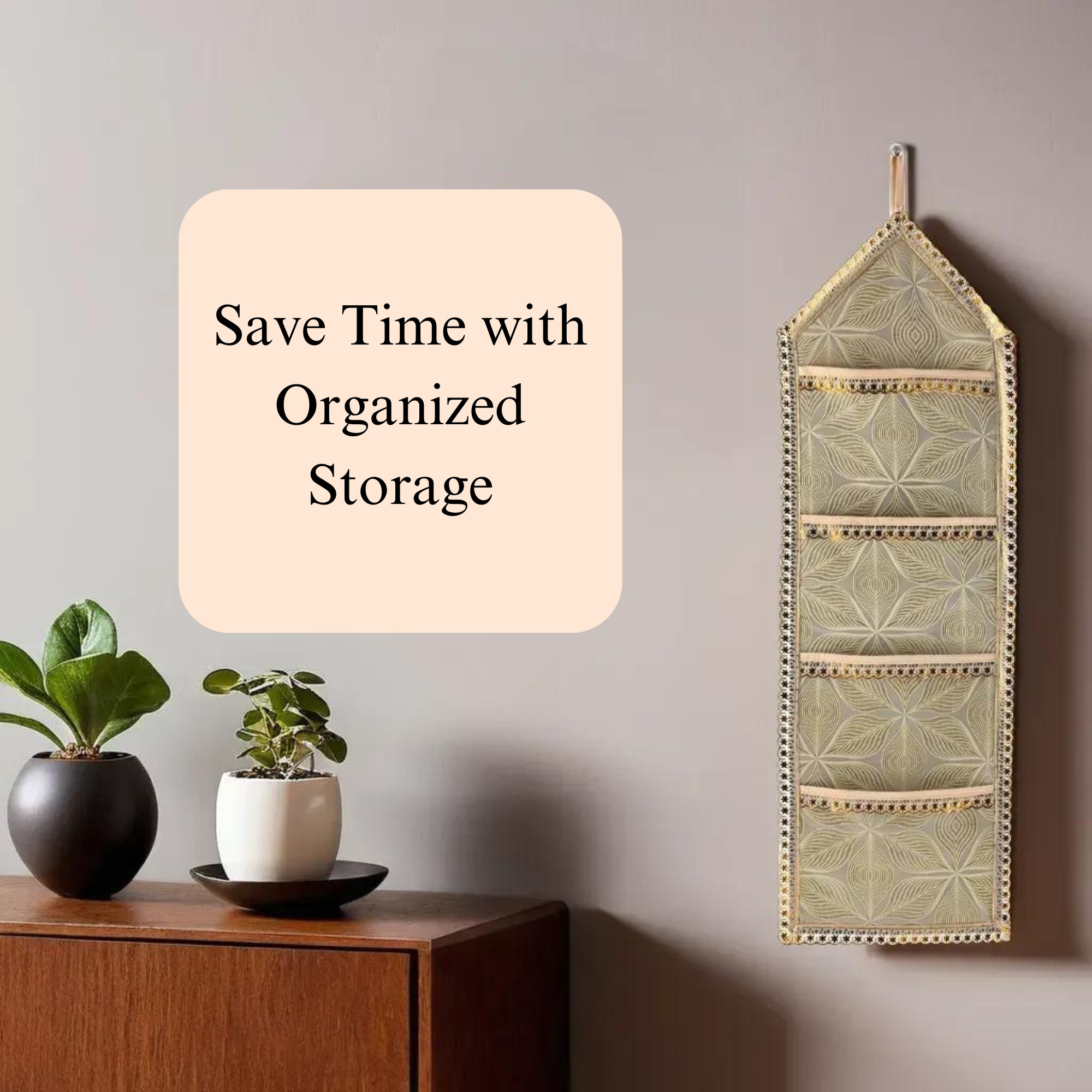 Kuber Industries Wall Hanging Closet Organizer for Wardrobe with 3 Pockets  Zip  Letter Holder Socks  Tie Storage Pouches  Leaf Design -Golden