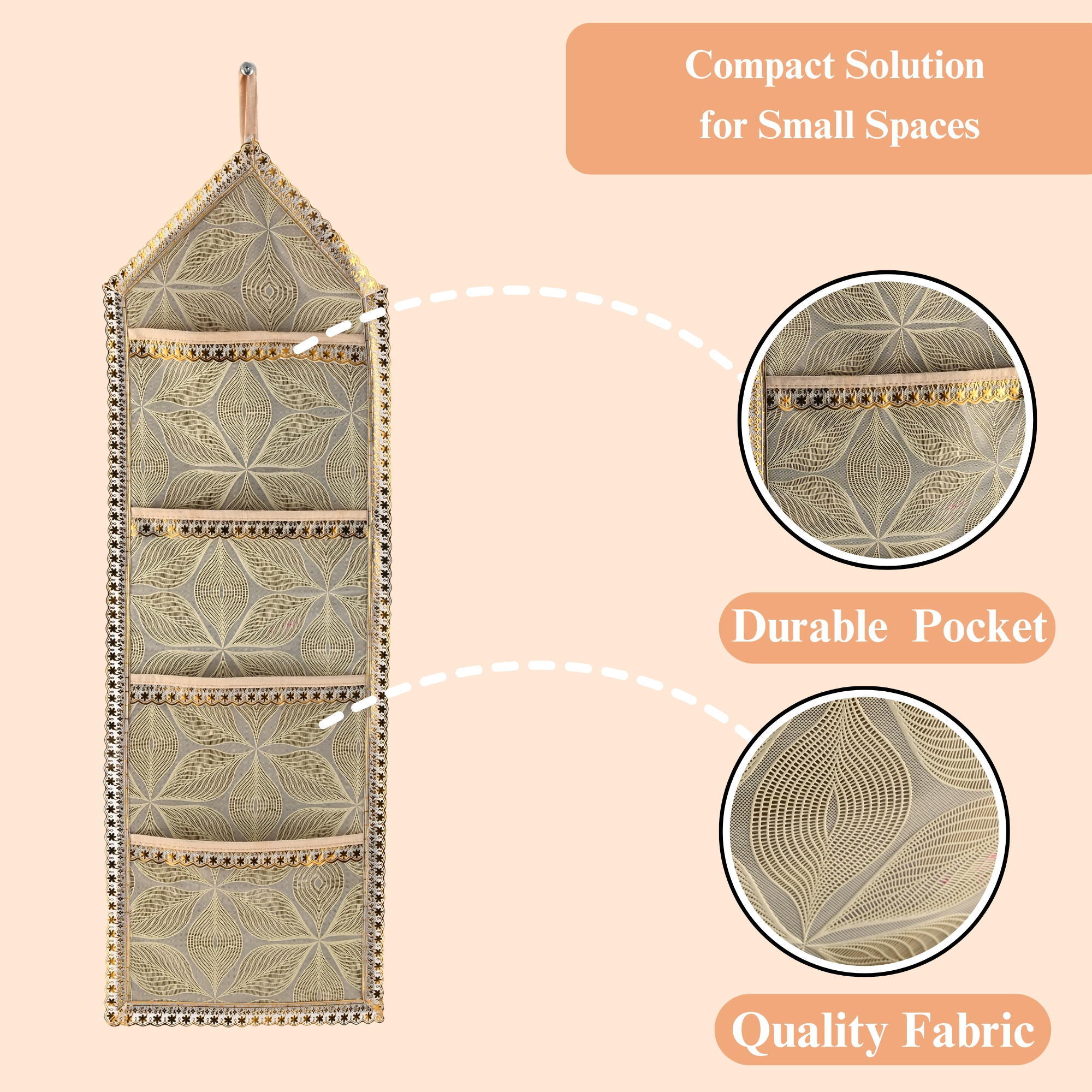 Kuber Industries Wall Hanging Closet Organizer for Wardrobe with 3 Pockets  Zip  Letter Holder Socks  Tie Storage Pouches  Leaf Design -Golden