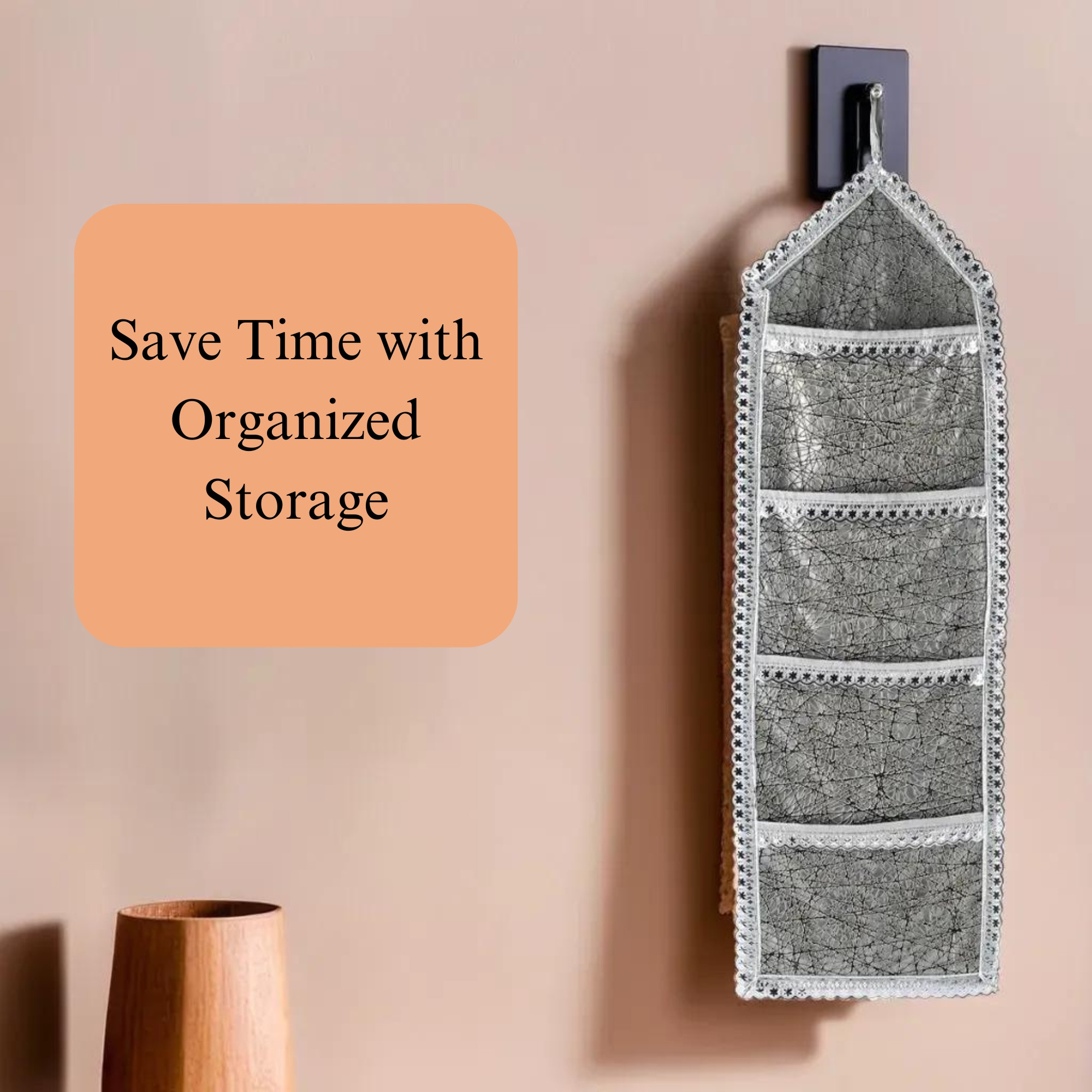 Kuber Industries Wall Hanging Closet Organizer for Wardrobe with 3 Pockets  Zip  Letter Holder Socks  Tie Storage Pouches  Cross Lines - Silver