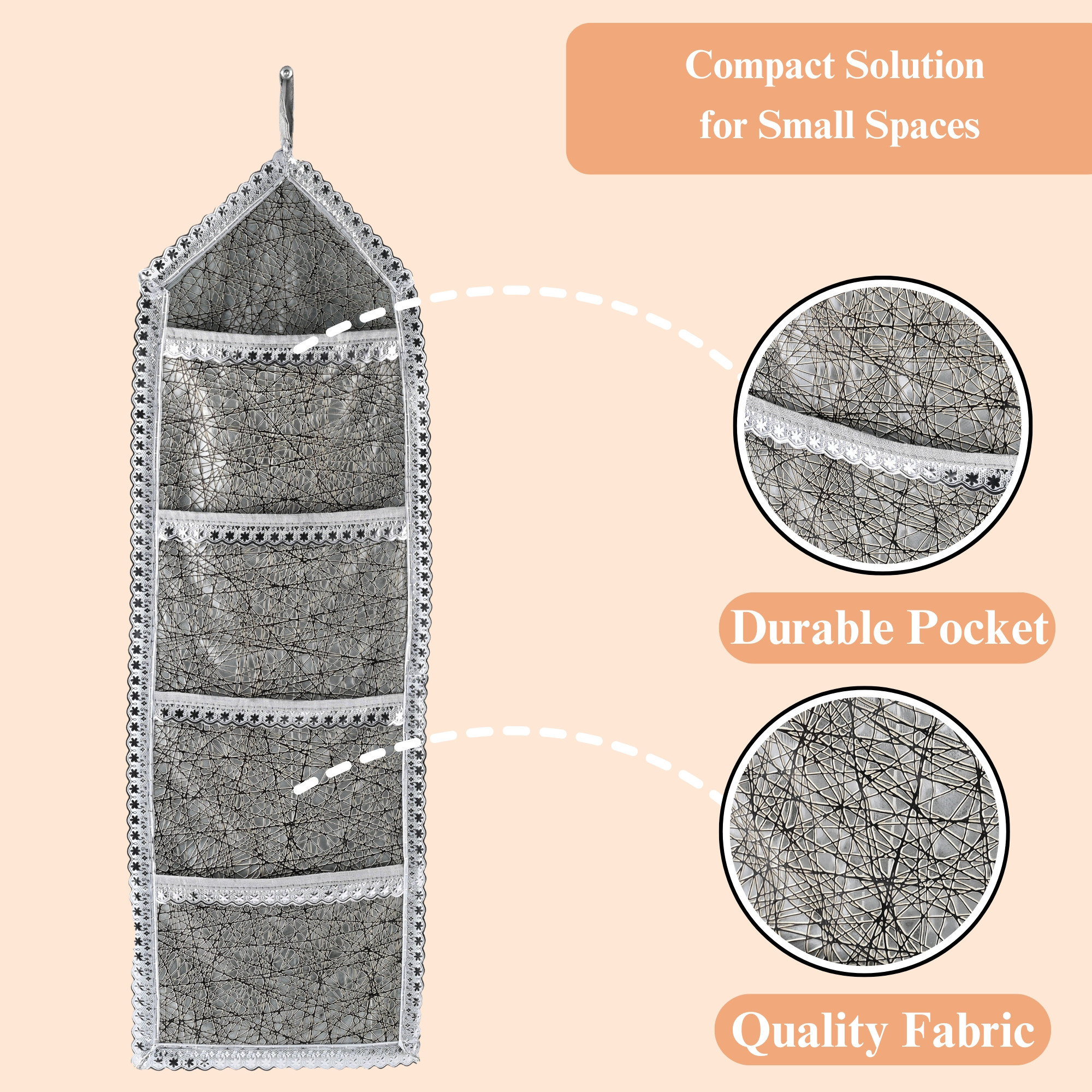 Kuber Industries Wall Hanging Closet Organizer for Wardrobe with 3 Pockets  Zip  Letter Holder Socks  Tie Storage Pouches  Cross Lines - Silver