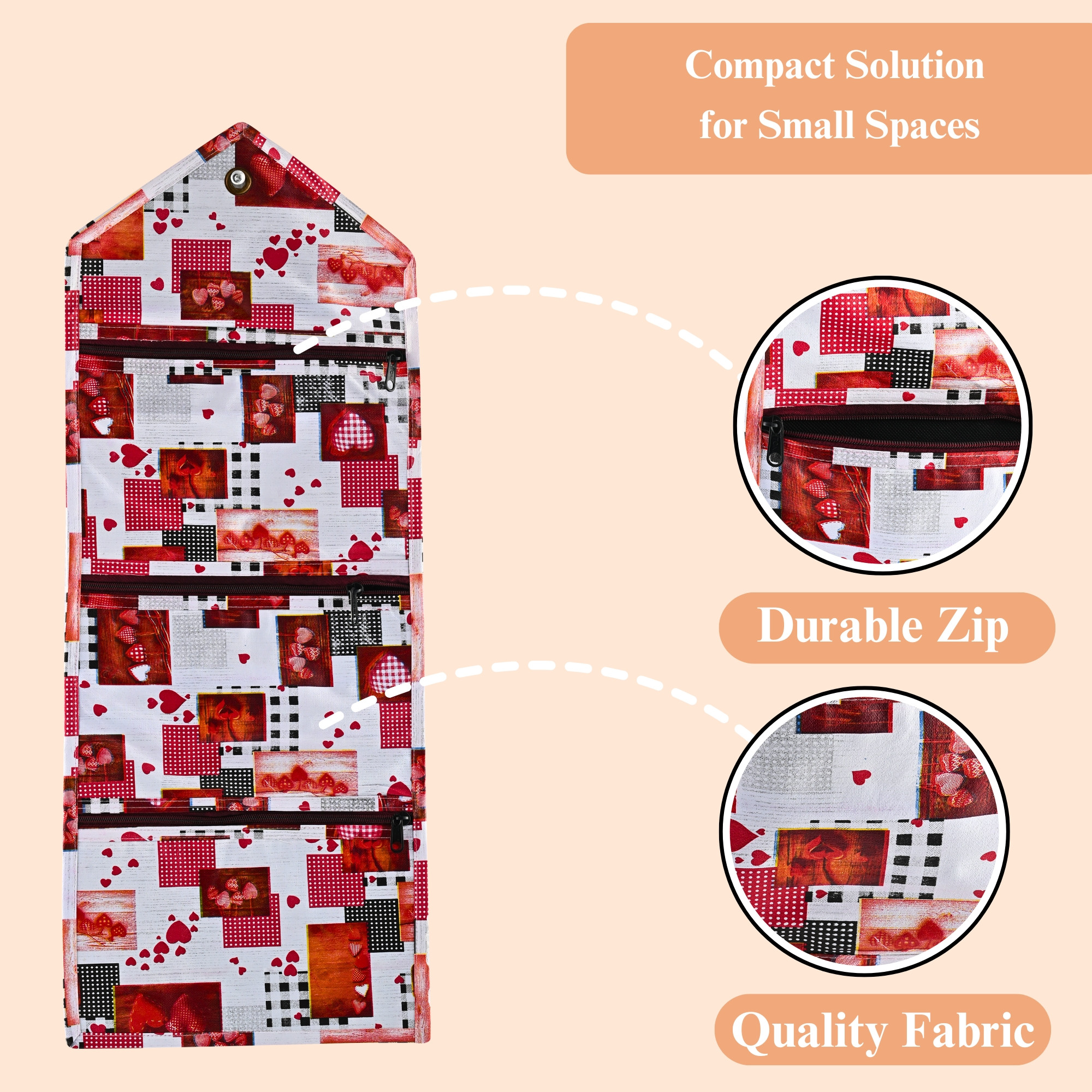 Kuber Industries Wall Hanging Closet Organizer for Wardrobe with 3 Pockets  Zip  Letter Holder Socks  Tie Storage Pouches  Dil Design - White