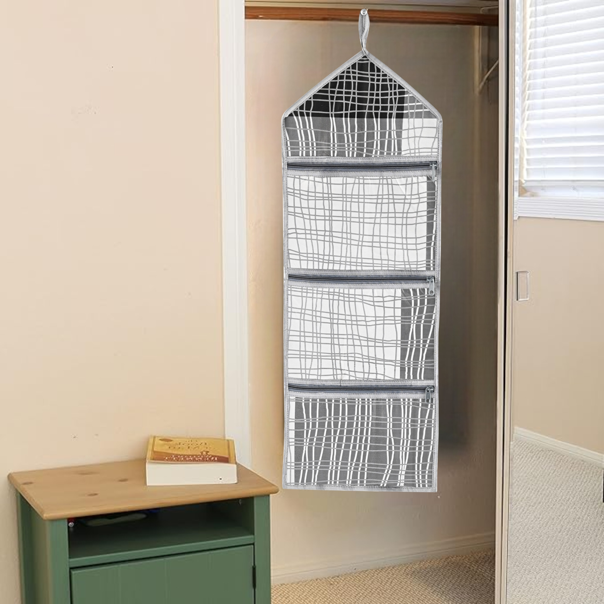 Kuber Industries Wall Hanging Closet Organizer for Wardrobe with 3 Pockets  Zip  Letter Holder Socks  Tie Storage Pouches  Black Lining -Grey