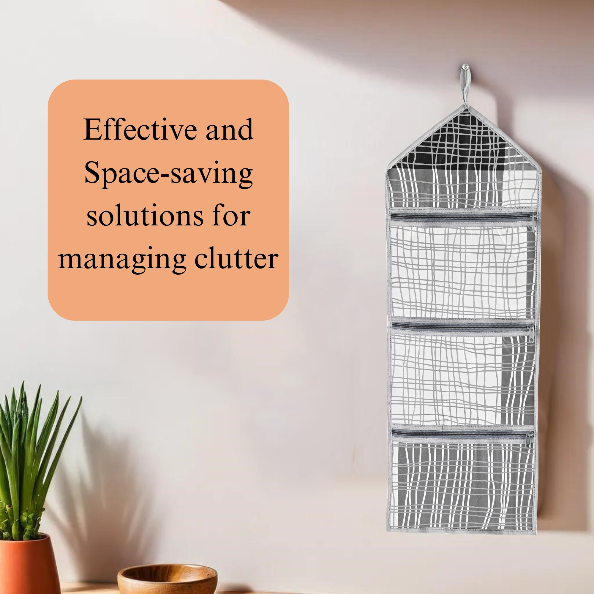 Kuber Industries Wall Hanging Closet Organizer for Wardrobe with 3 Pockets  Zip  Letter Holder Socks  Tie Storage Pouches  Black Lining -Grey