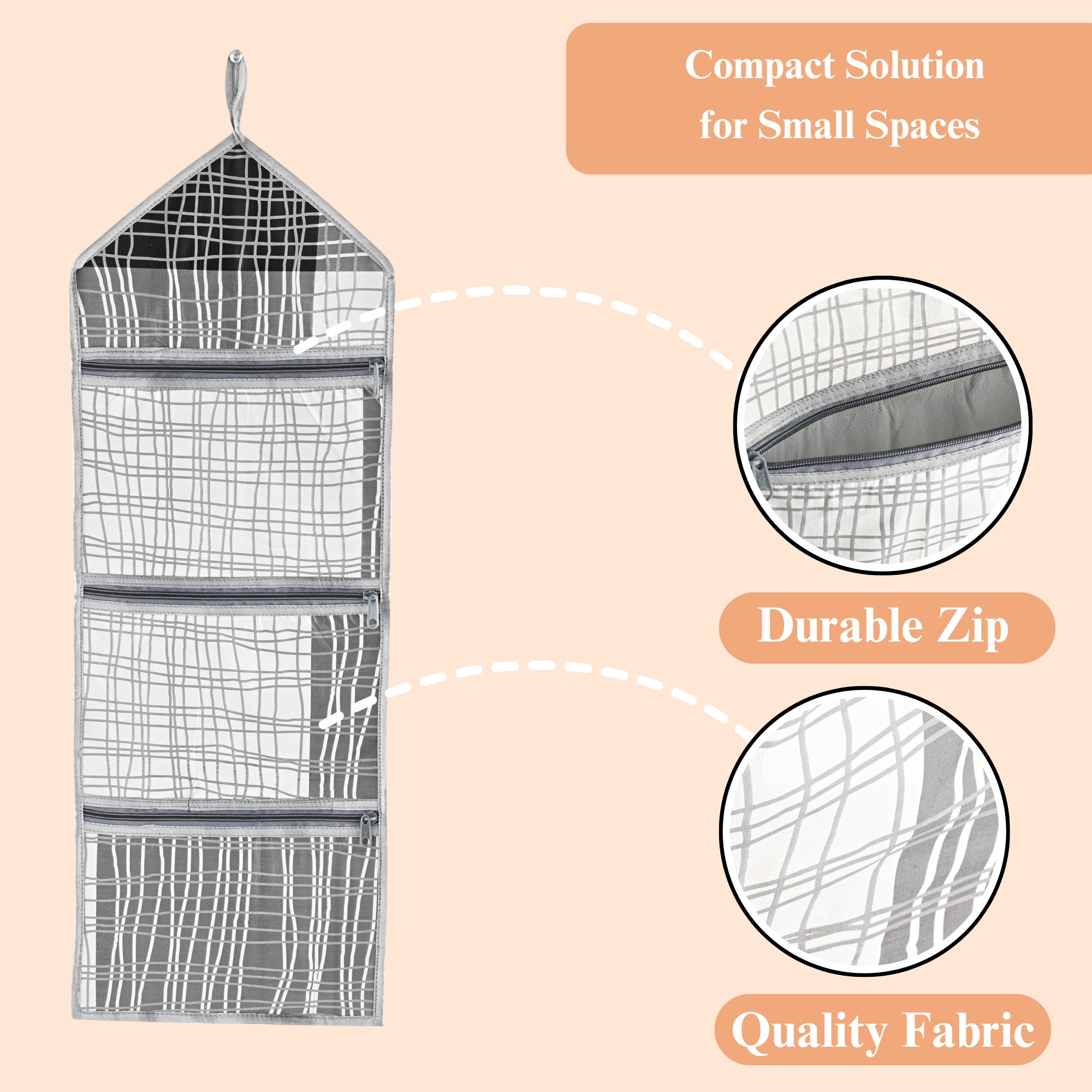 Kuber Industries Wall Hanging Closet Organizer for Wardrobe with 3 Pockets  Zip  Letter Holder Socks  Tie Storage Pouches  Black Lining -Grey