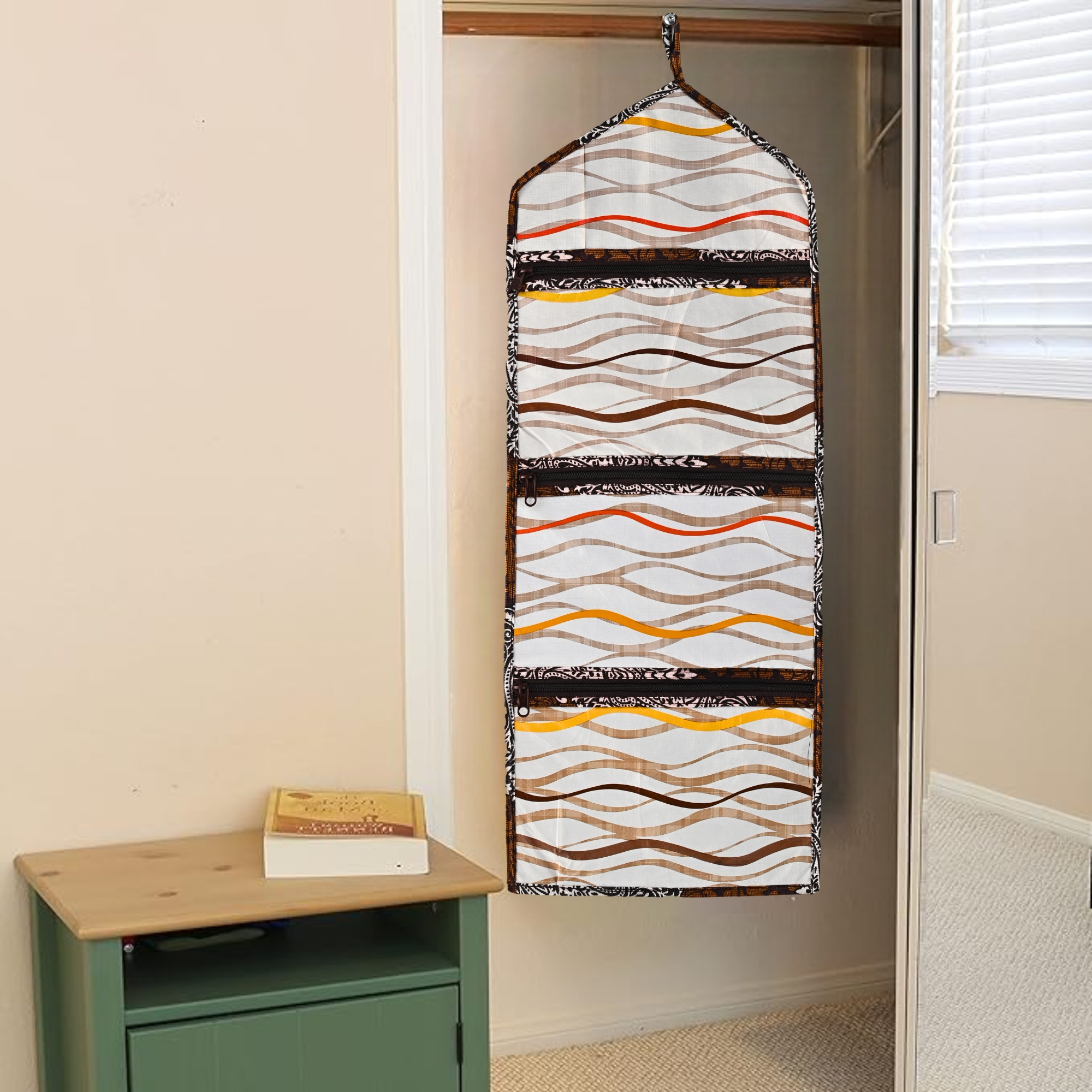 Kuber Industries Wall Hanging Closet Organizer for Wardrobe with 3 Pockets  Zip  Letter Holder Socks  Tie Storage Pouches  Printed - Brown