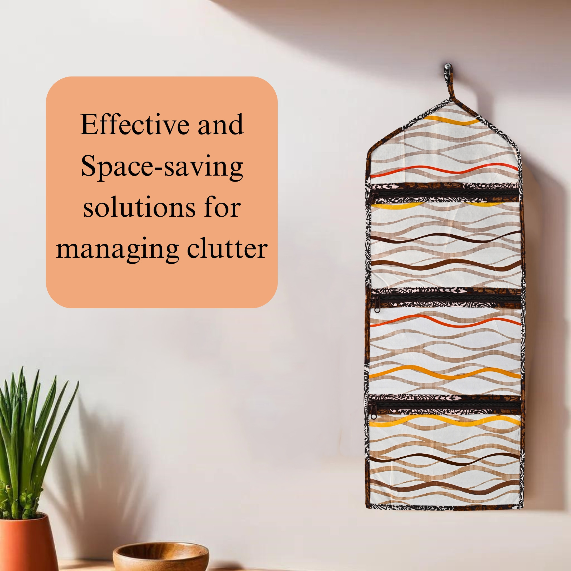 Kuber Industries Wall Hanging Closet Organizer for Wardrobe with 3 Pockets  Zip  Letter Holder Socks  Tie Storage Pouches  Printed - Brown