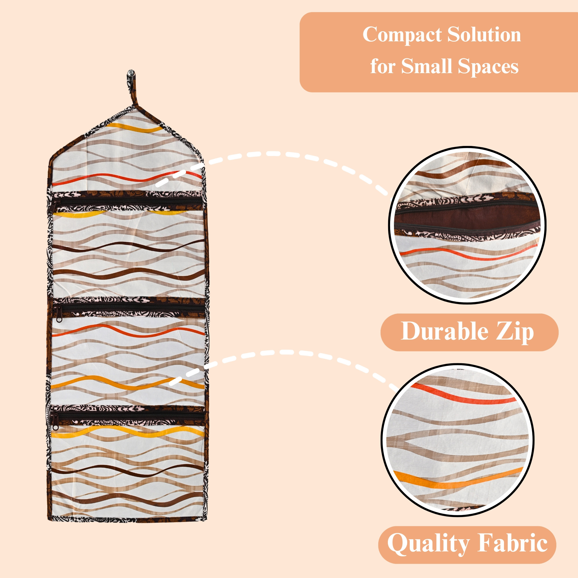 Kuber Industries Wall Hanging Closet Organizer for Wardrobe with 3 Pockets  Zip  Letter Holder Socks  Tie Storage Pouches  Printed - Brown