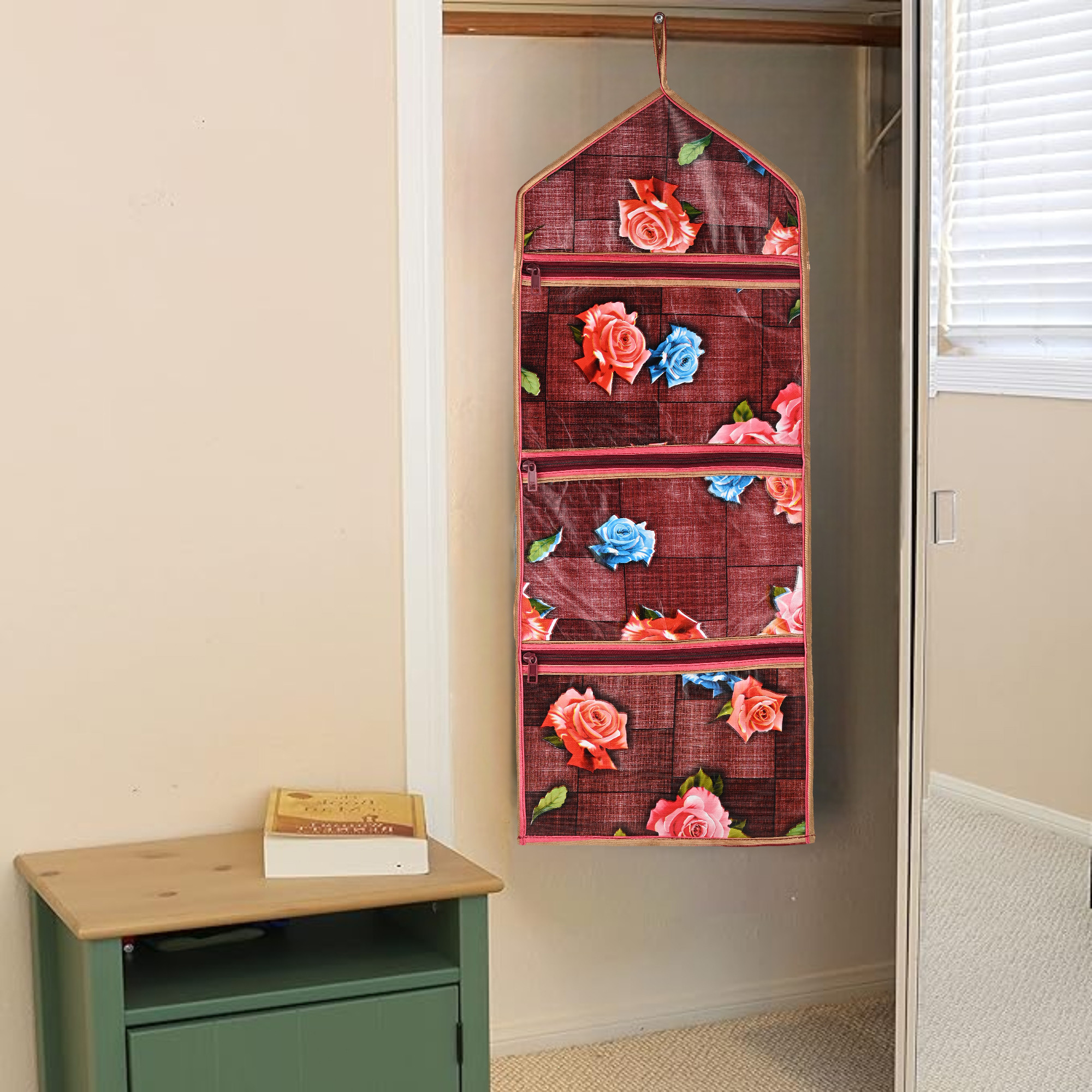 Kuber Industries Wall Hanging Closet Organizer for Wardrobe with 3 Pockets  Zip  Letter Holder Socks  Tie Storage Pouches  Gulab Print -Maroon