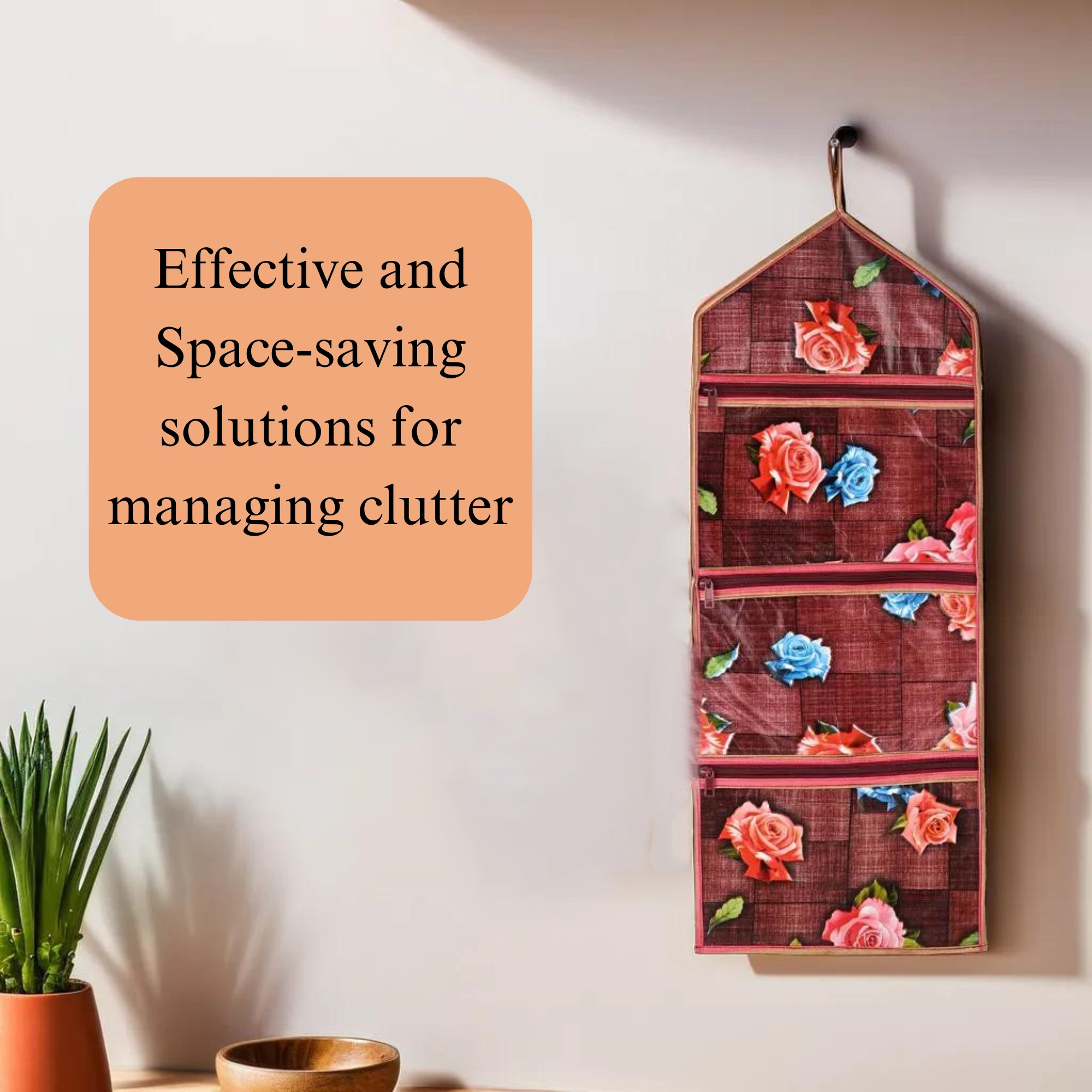 Kuber Industries Wall Hanging Closet Organizer for Wardrobe with 3 Pockets  Zip  Letter Holder Socks  Tie Storage Pouches  Gulab Print -Maroon