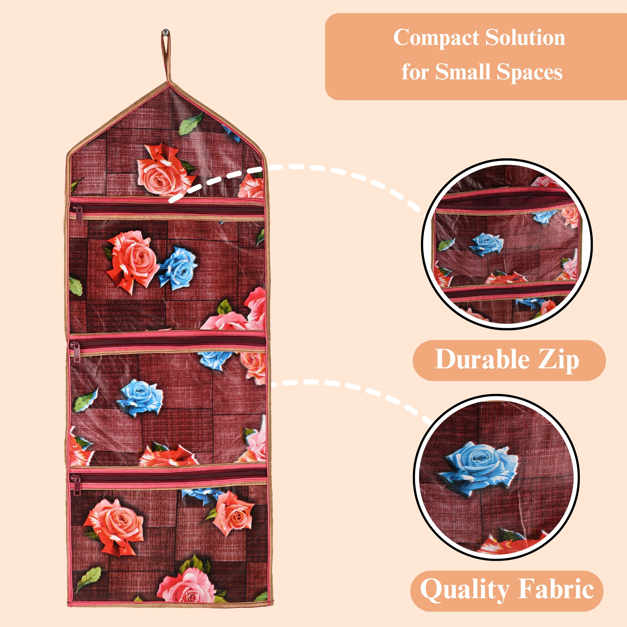 Kuber Industries Wall Hanging Closet Organizer for Wardrobe with 3 Pockets  Zip  Letter Holder Socks  Tie Storage Pouches  Gulab Print -Maroon