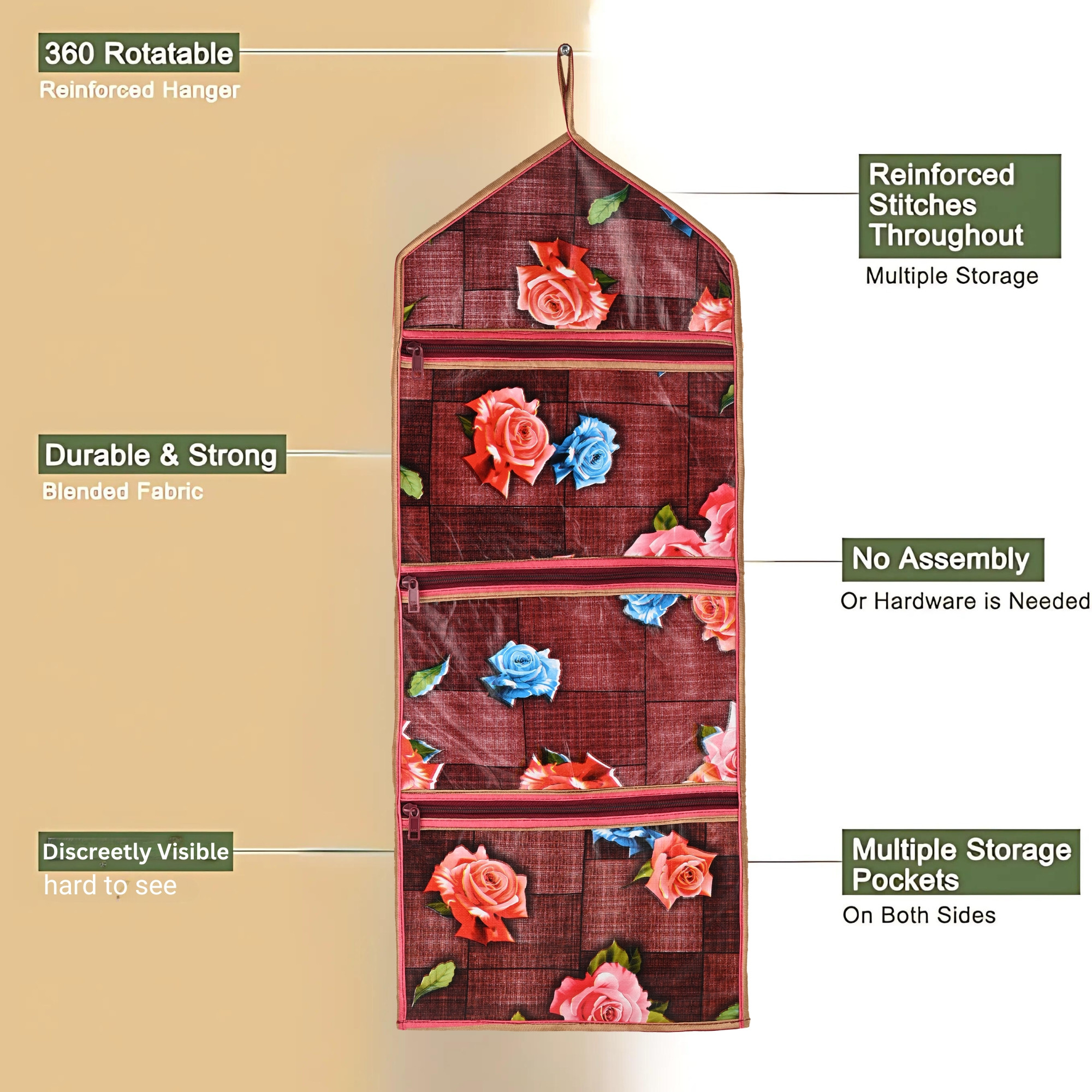 Kuber Industries Wall Hanging Closet Organizer for Wardrobe with 3 Pockets  Zip  Letter Holder Socks  Tie Storage Pouches  Gulab Print -Maroon