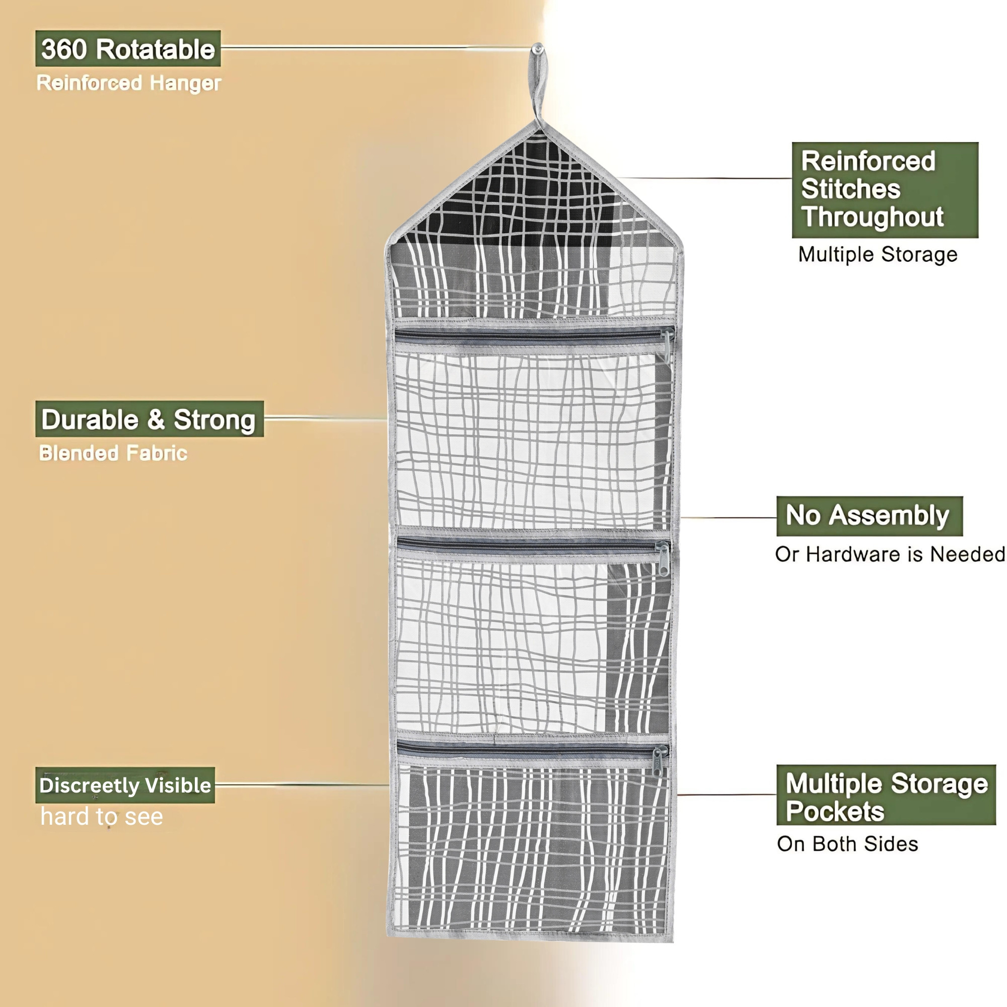Kuber Industries Wall Hanging Closet Organizer for Wardrobe with 3 Pockets  Zip  Letter Holder Socks  Tie Storage Pouches  Black Lining -Grey