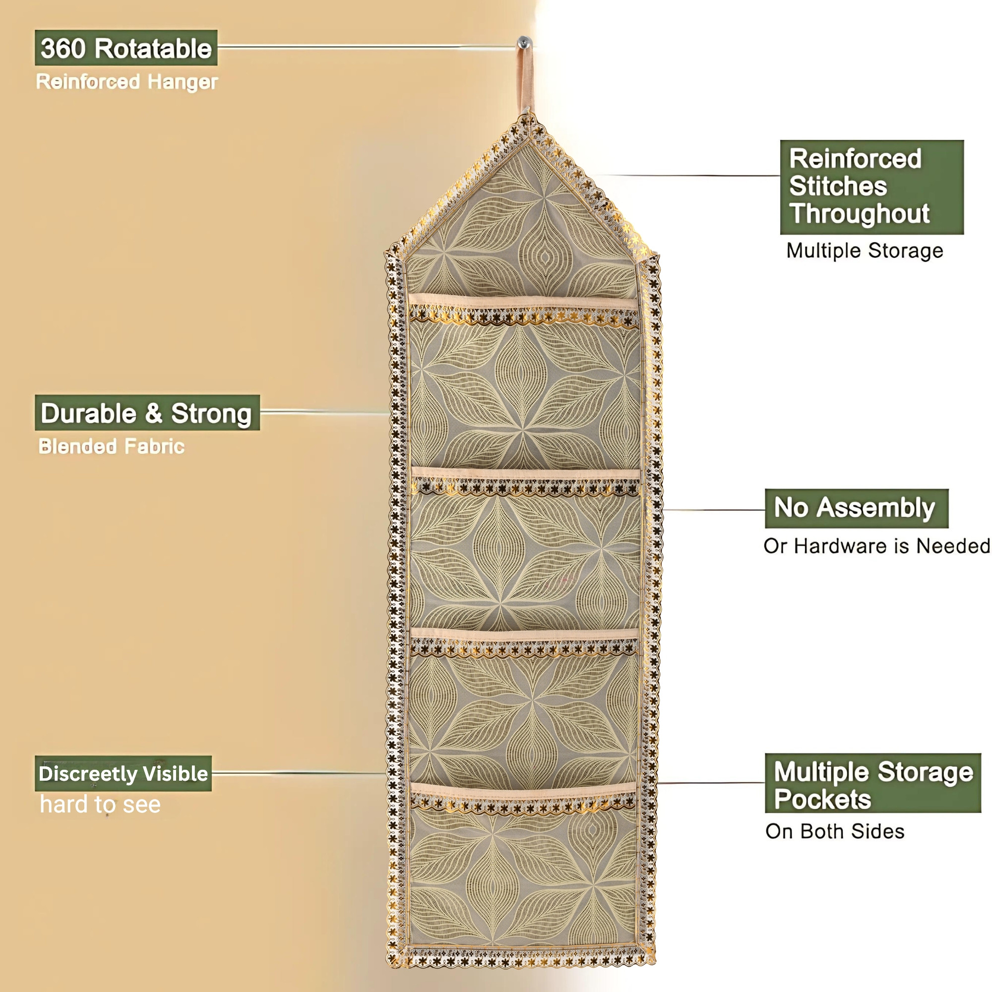 Kuber Industries Wall Hanging Closet Organizer for Wardrobe with 3 Pockets  Zip  Letter Holder Socks  Tie Storage Pouches  Leaf Design -Golden