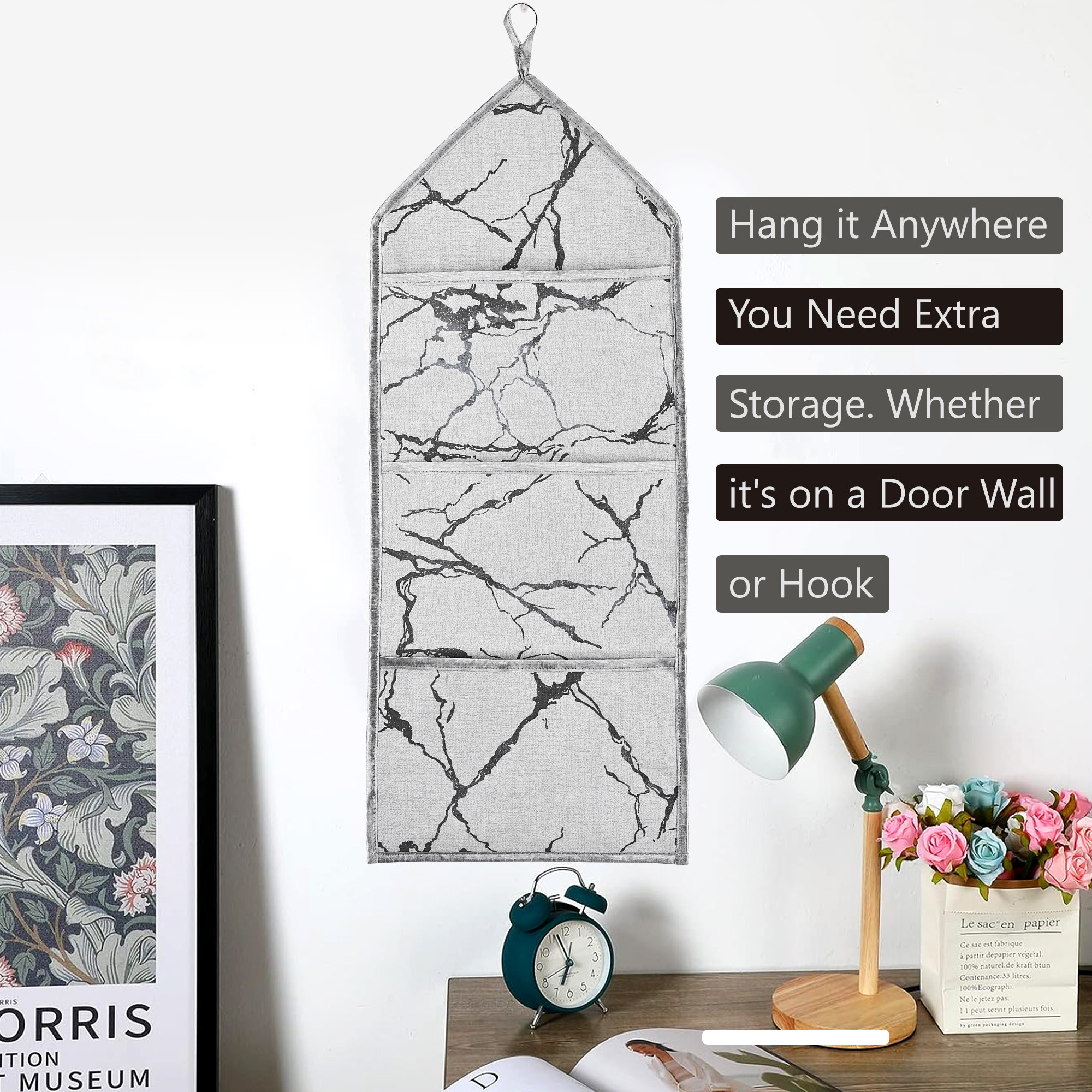 Kuber Industries Wall Hanging Organizer  3 Multi-Purpose Storage Pocket  Foldable Document Holder  Hanging Stationary-Magazine Organizer  Marble-Design  Light Grey