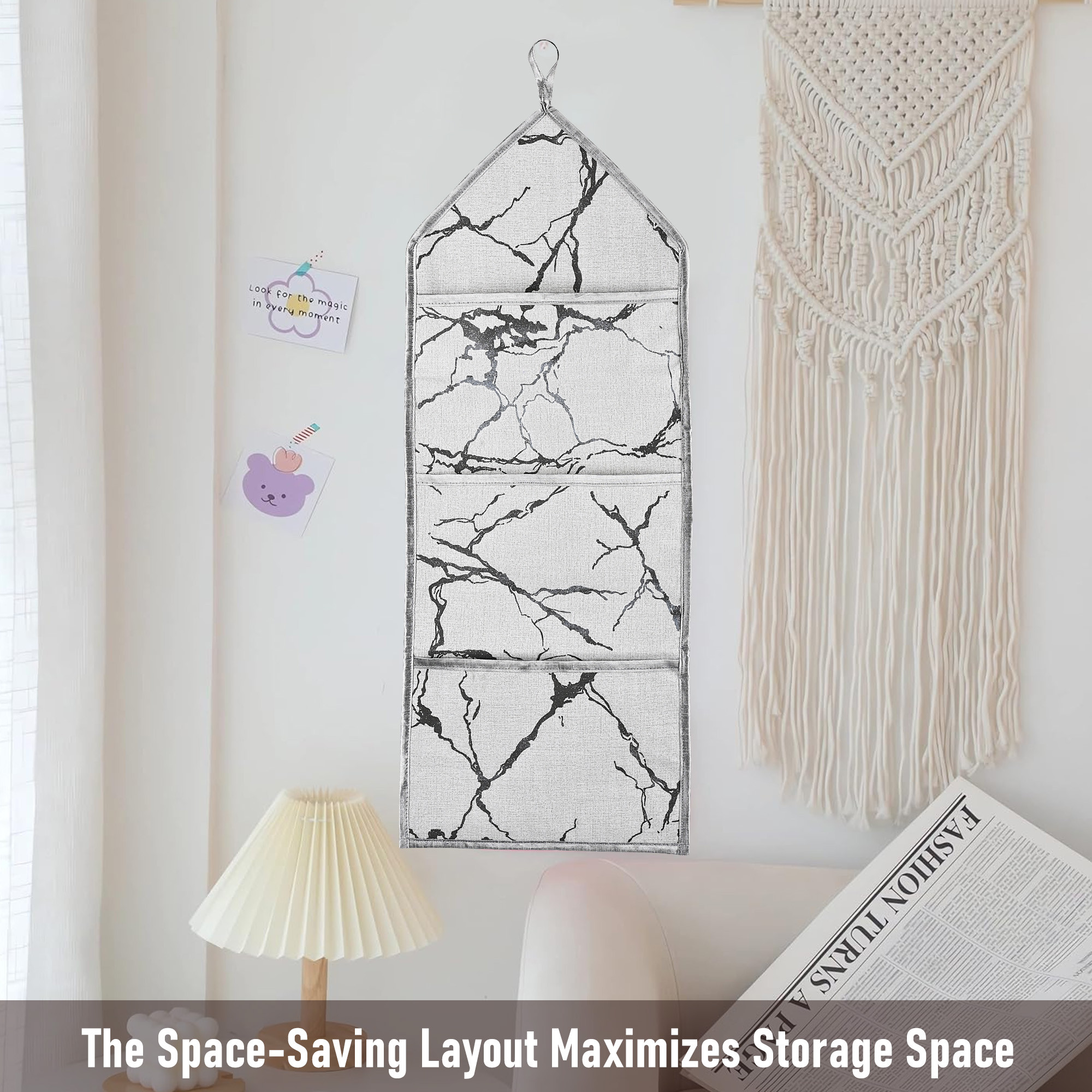 Kuber Industries Wall Hanging Organizer  3 Multi-Purpose Storage Pocket  Foldable Document Holder  Hanging Stationary-Magazine Organizer  Marble-Design  Light Grey