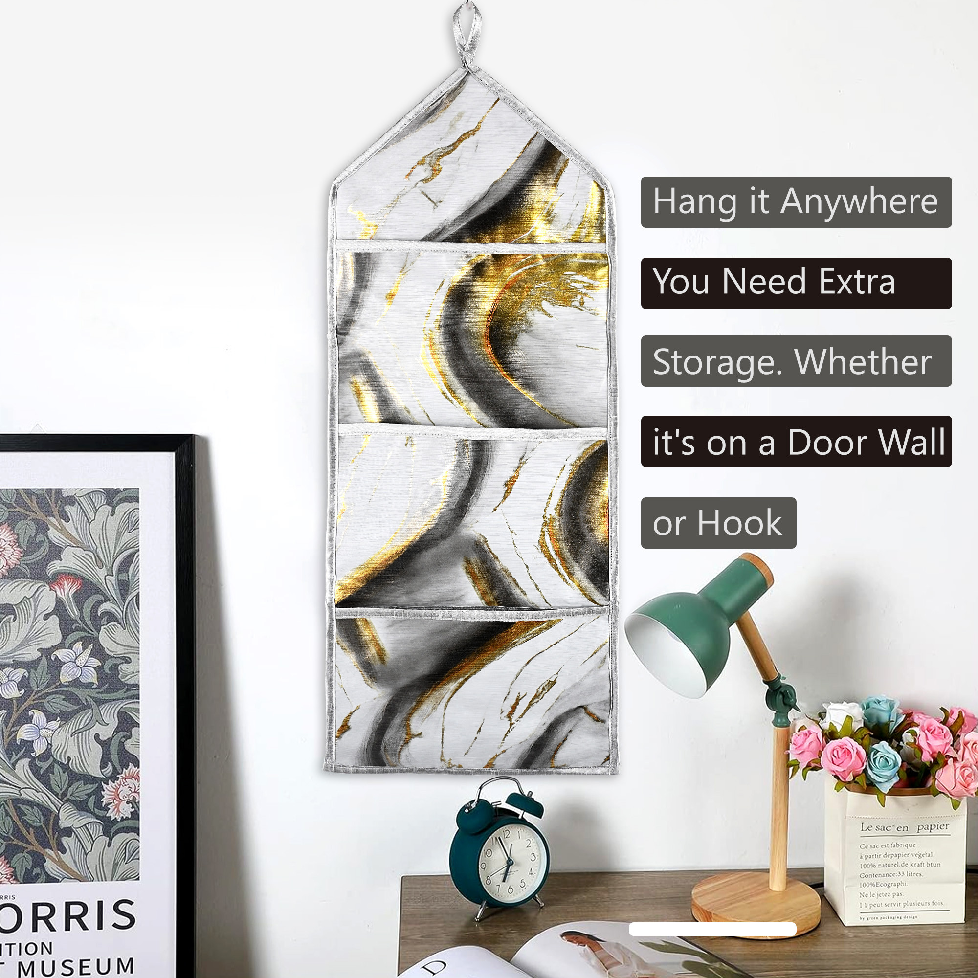 Kuber Industries Wall Hanging Organizer  3 Multi-Purpose Storage Pocket  Foldable Document Holder  Hanging Stationary Organizer  Magazine Organizer  Golden Marble  Grey