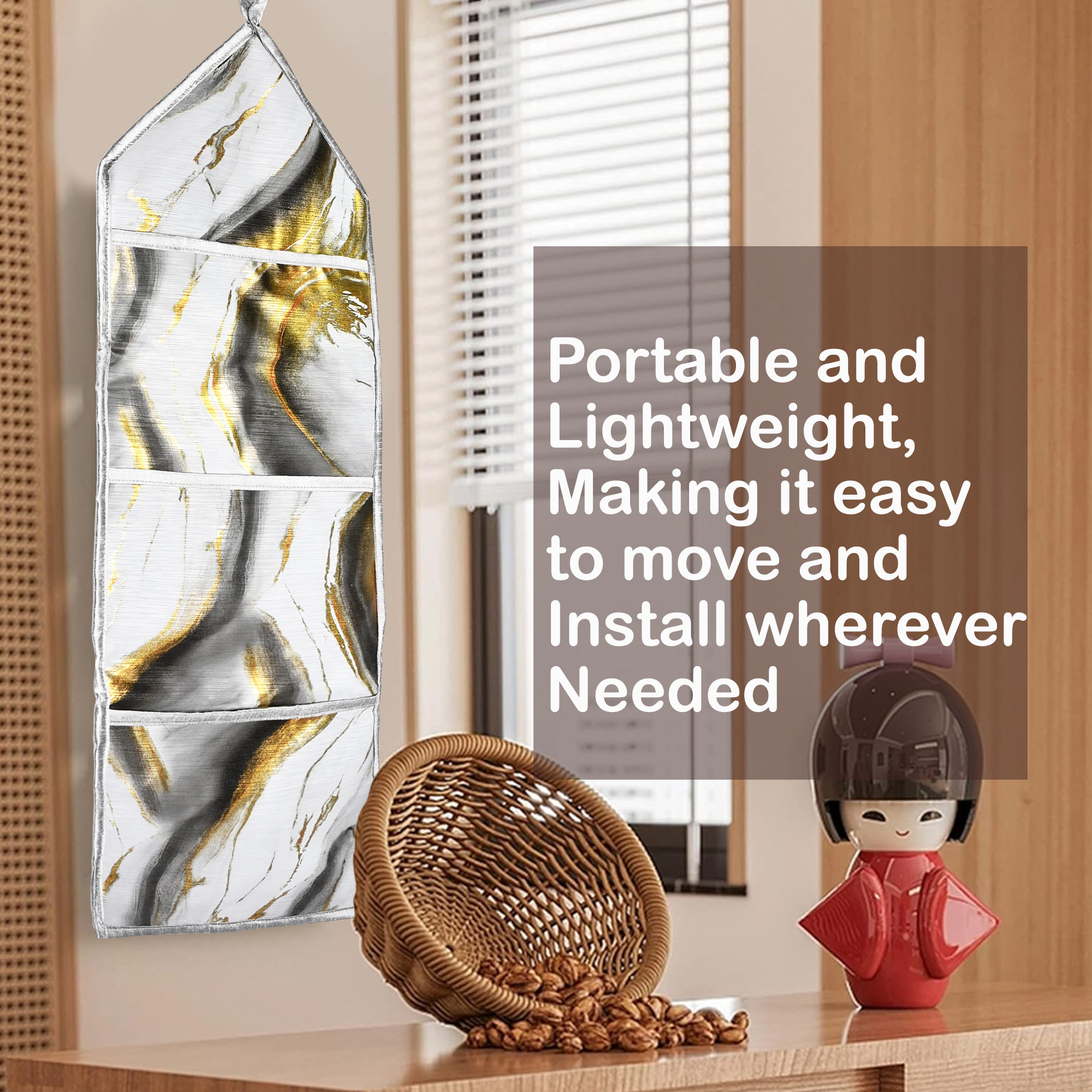 Kuber Industries Wall Hanging Organizer  3 Multi-Purpose Storage Pocket  Foldable Document Holder  Hanging Stationary Organizer  Magazine Organizer  Golden Marble  Grey