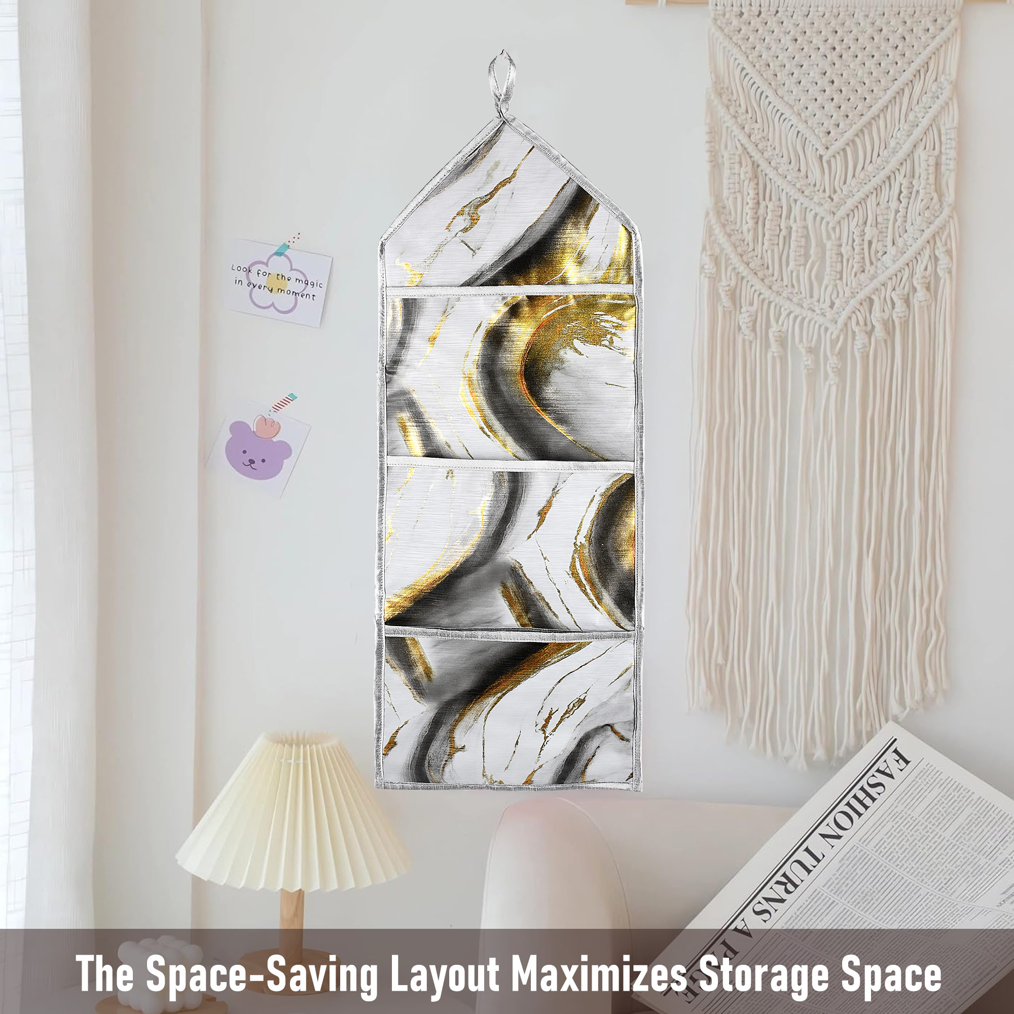 Kuber Industries Wall Hanging Organizer  3 Multi-Purpose Storage Pocket  Foldable Document Holder  Hanging Stationary Organizer  Magazine Organizer  Golden Marble  Grey