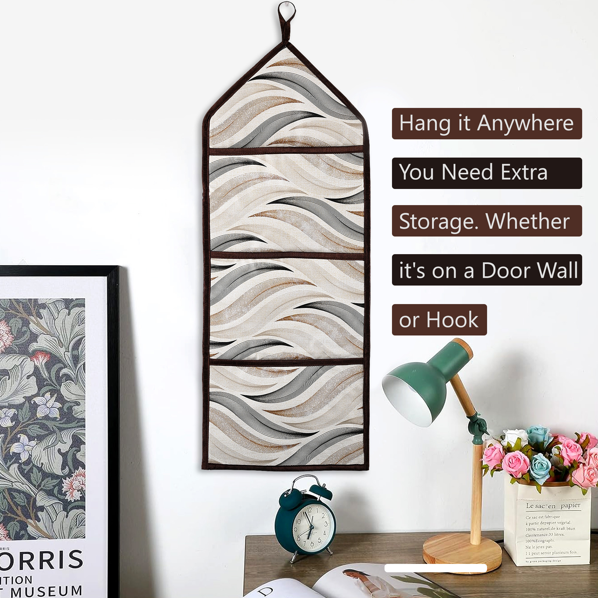 Kuber Industries Wall Hanging Organizer  3 Multi-Purpose Storage Pocket  Foldable Document Holder  Hanging Stationary Organizer  Magazine Organizer  Wave-Design  Cream