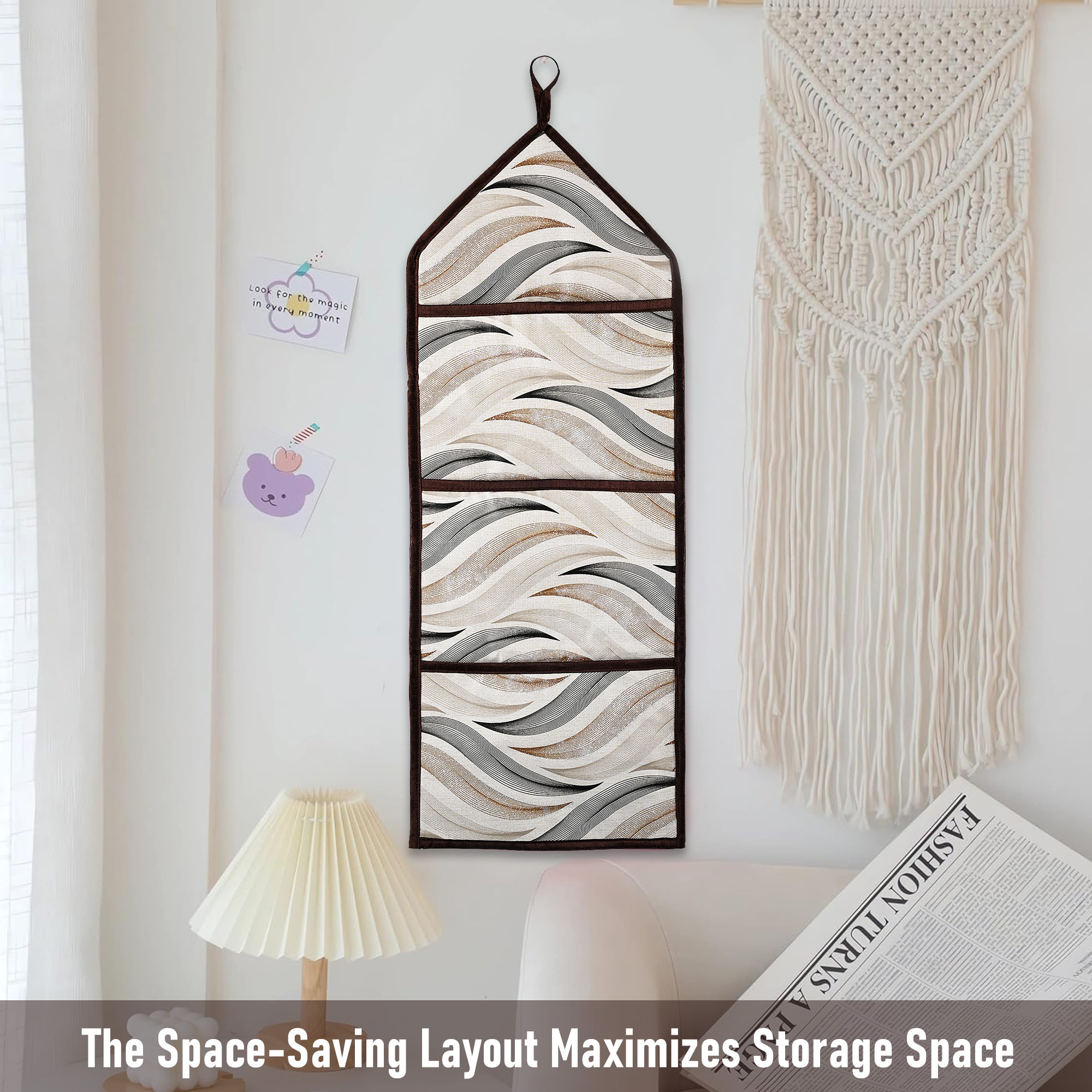 Kuber Industries Wall Hanging Organizer  3 Multi-Purpose Storage Pocket  Foldable Document Holder  Hanging Stationary Organizer  Magazine Organizer  Wave-Design  Cream
