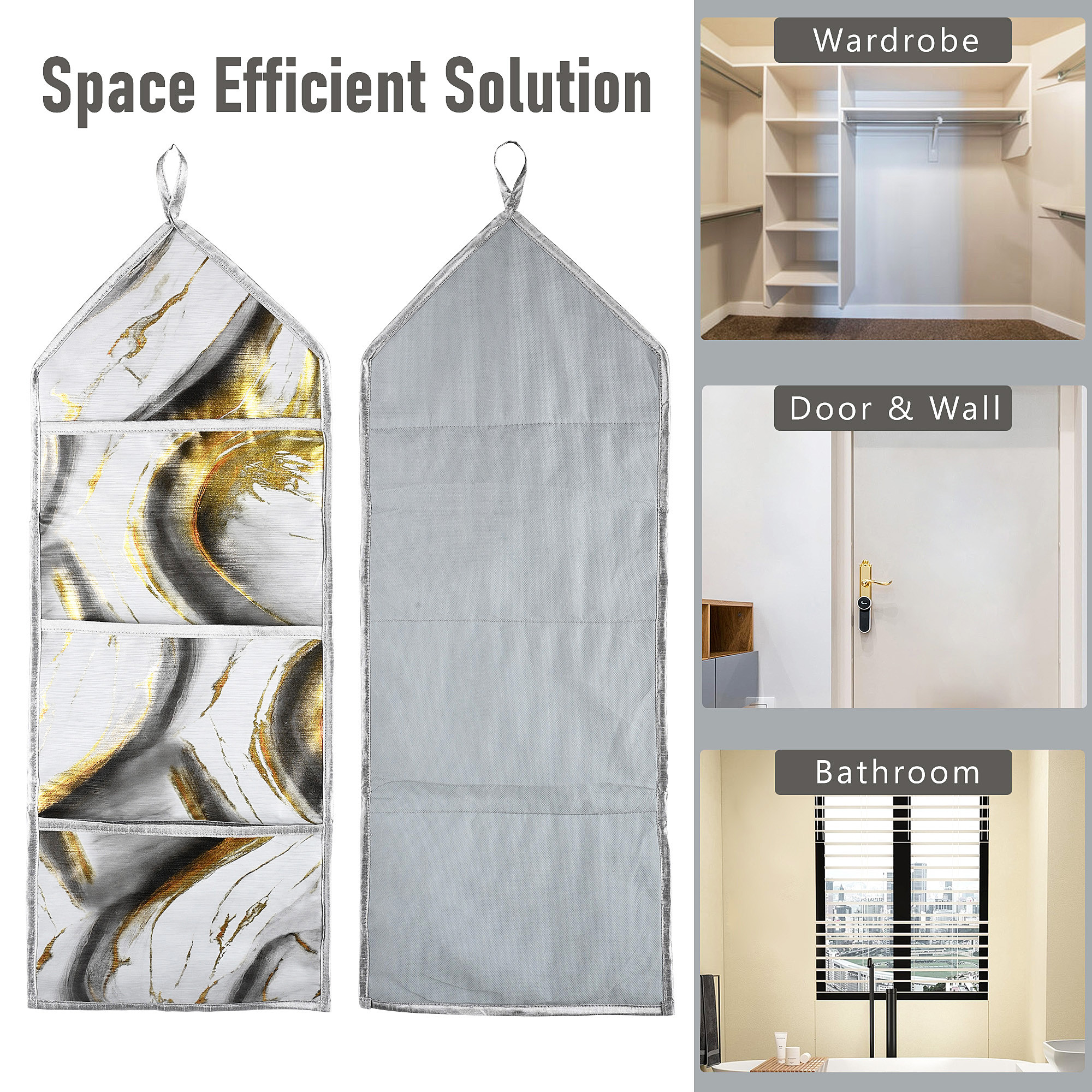 Kuber Industries Wall Hanging Organizer  3 Multi-Purpose Storage Pocket  Foldable Document Holder  Hanging Stationary Organizer  Magazine Organizer  Golden Marble  Grey