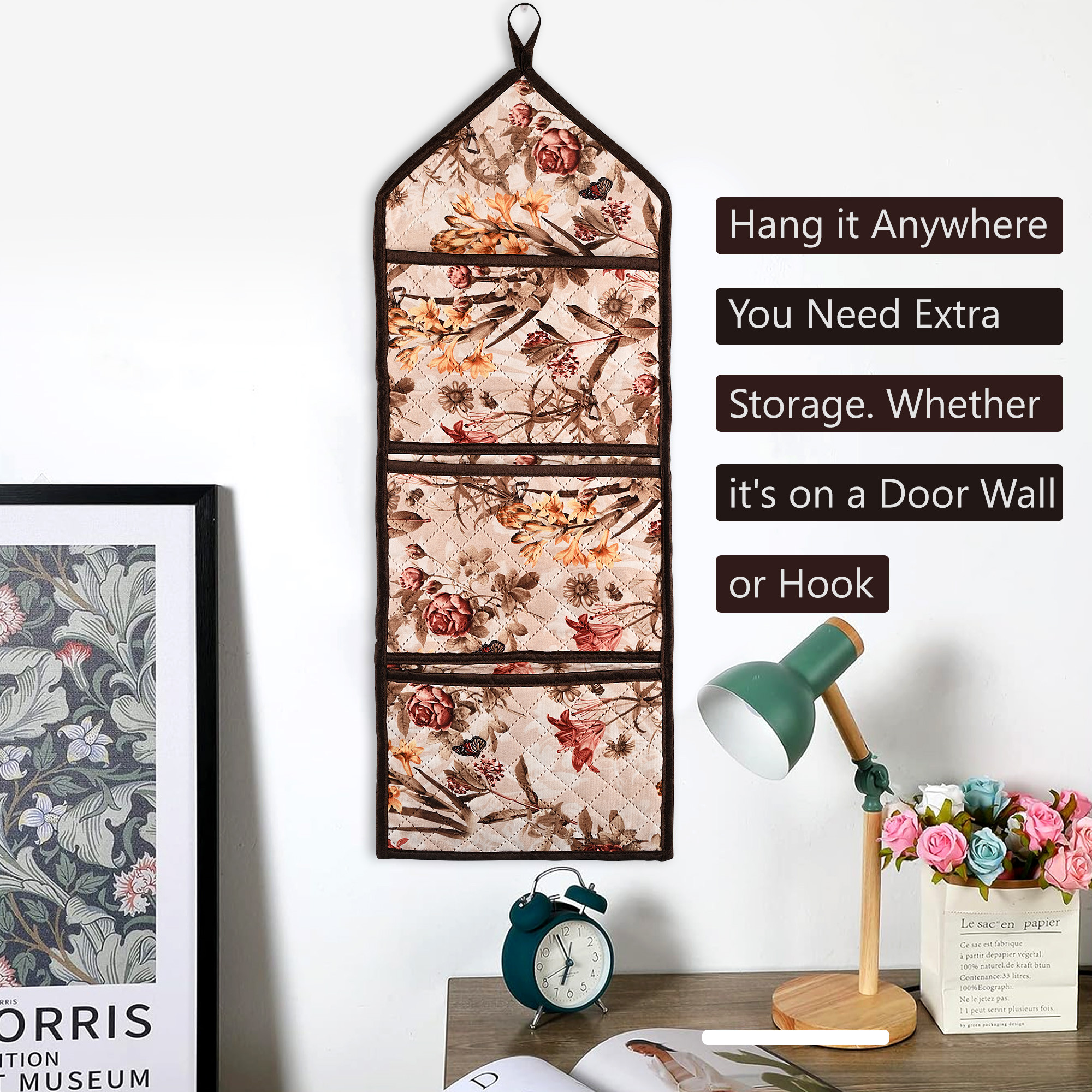 Kuber Industries Wall Hanging Organizer  Quilted Fabric Stationary Organizer  Waterproof 3 Multi-Purpose Pocket  Magazine Organizer  Foldable Document Holder  Brown Flower  Cream