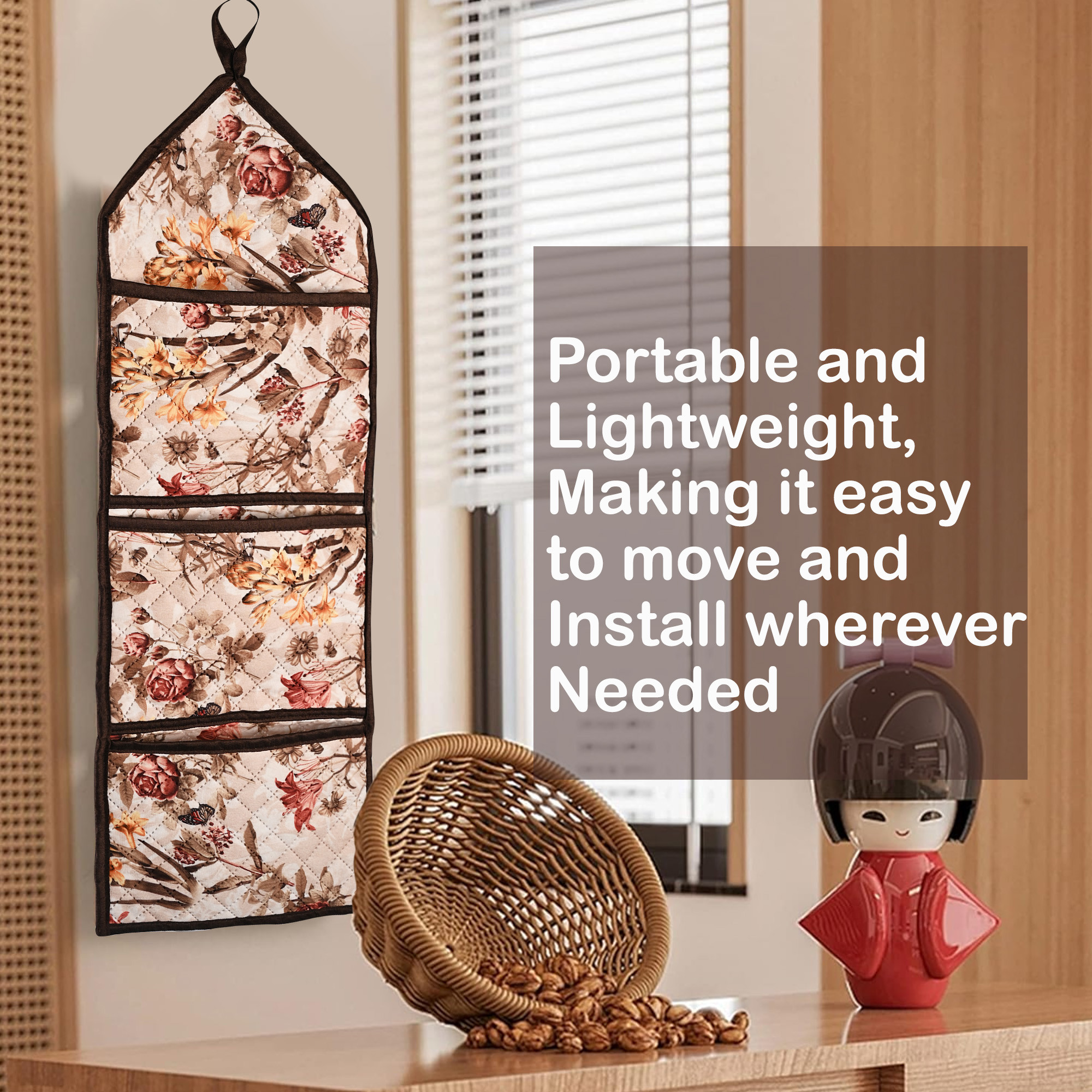 Kuber Industries Wall Hanging Organizer  Quilted Fabric Stationary Organizer  Waterproof 3 Multi-Purpose Pocket  Magazine Organizer  Foldable Document Holder  Brown Flower  Cream