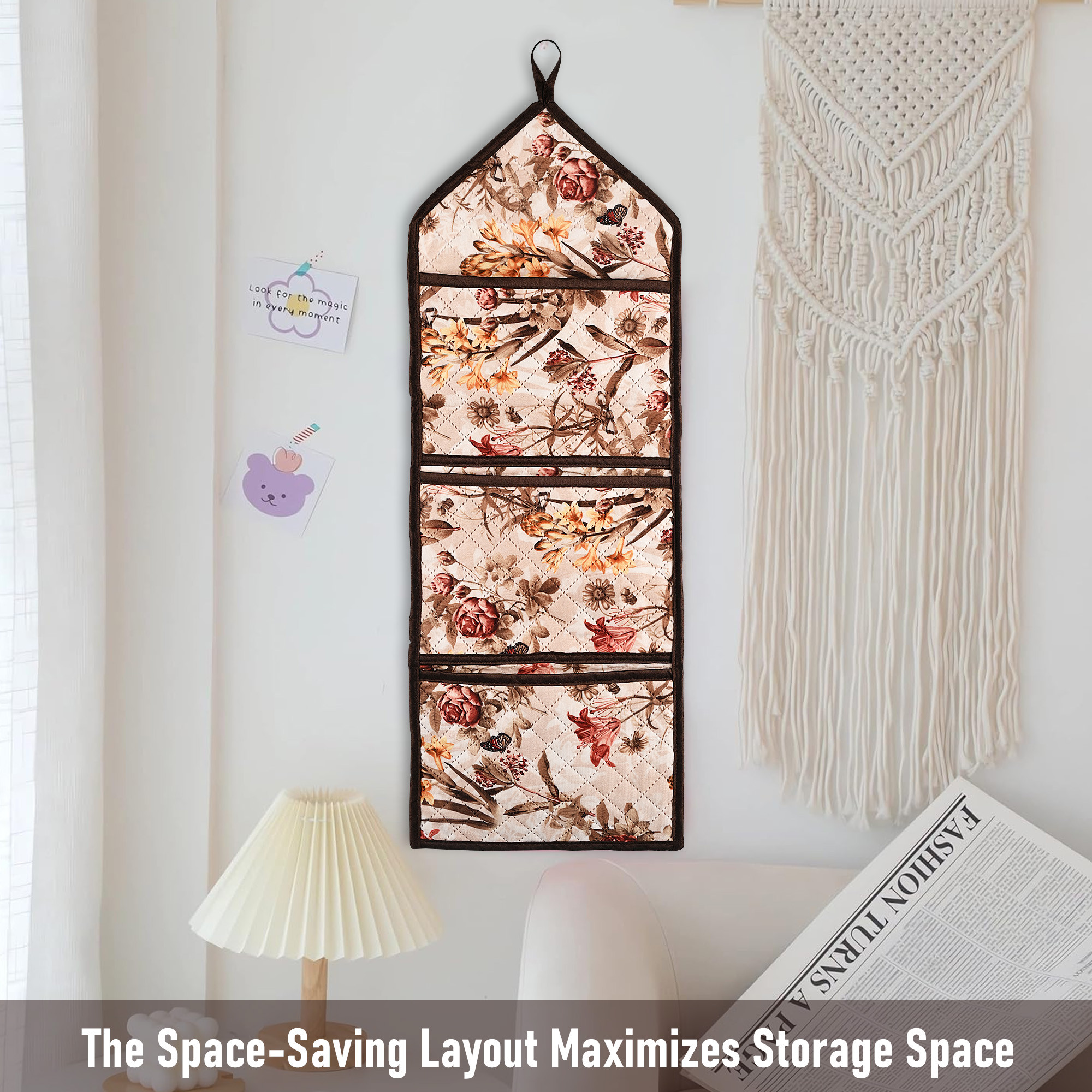 Kuber Industries Wall Hanging Organizer  Quilted Fabric Stationary Organizer  Waterproof 3 Multi-Purpose Pocket  Magazine Organizer  Foldable Document Holder  Brown Flower  Cream